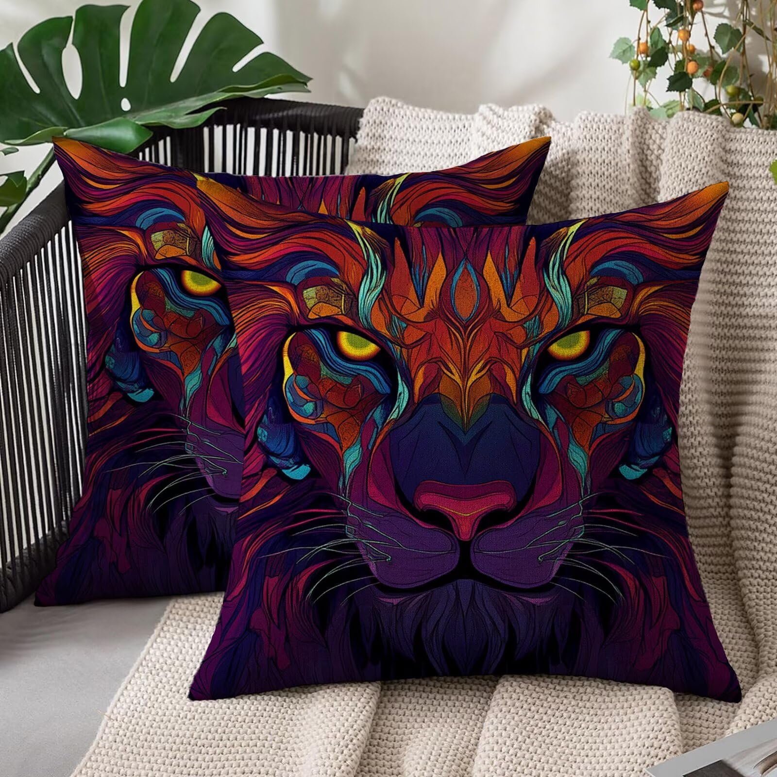 Housse coussin 50x50 cm lion abstrait en lin lot de 2