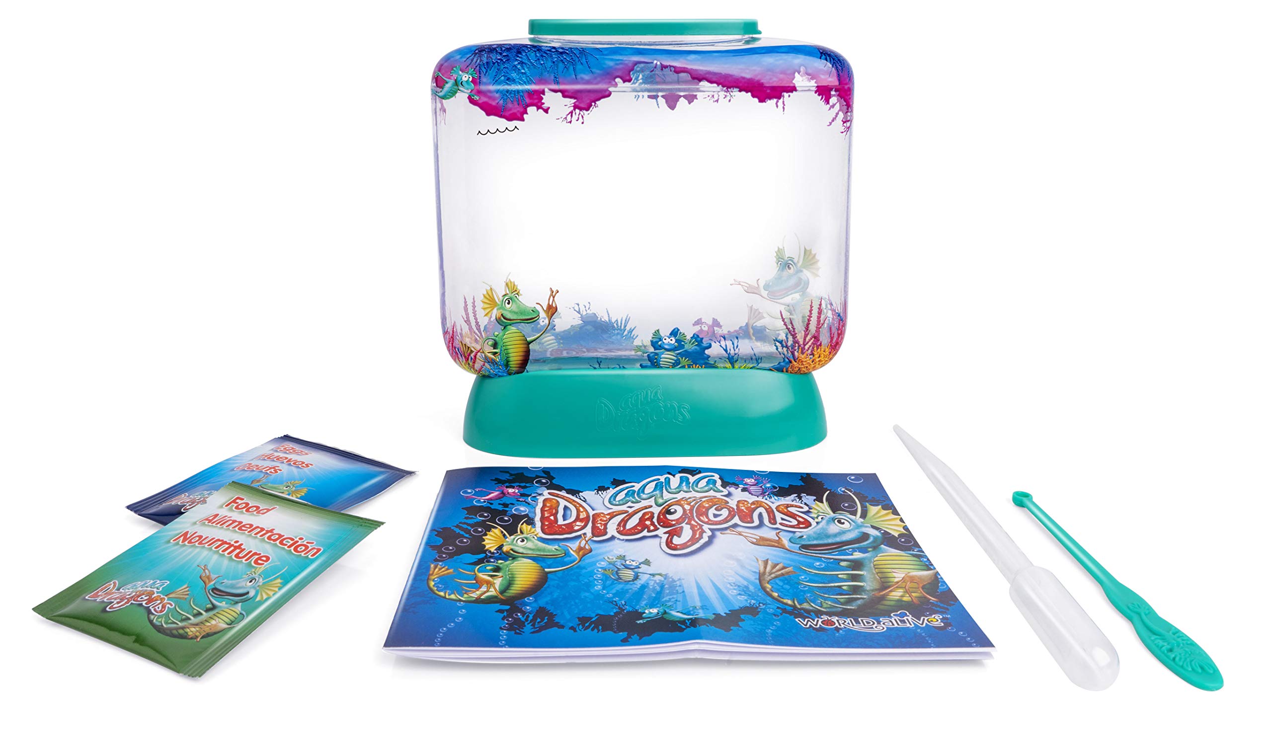 Aqua Dragons Underwater World, kit de juguetes educativos, tanque colorido, eclosiona y cultiva mascotas acuáticas vivas con tanque, huevos, comida, cuchara, para niños de 6 años en adelante.