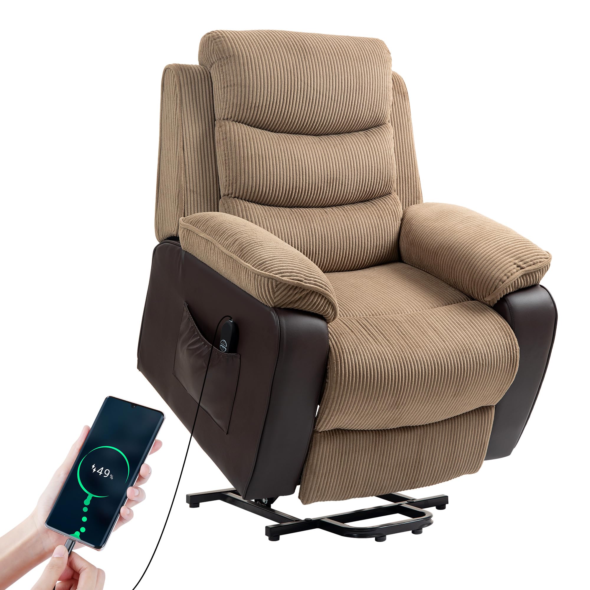 HOMCOM Sillón Relax Reclinable Eléctrico Levanta Personas, Sillón Elevador, con Puerto USB, Control Remoto, Reposapiés, Tapizado en Pana, Bolsillos Laterales, Marrón