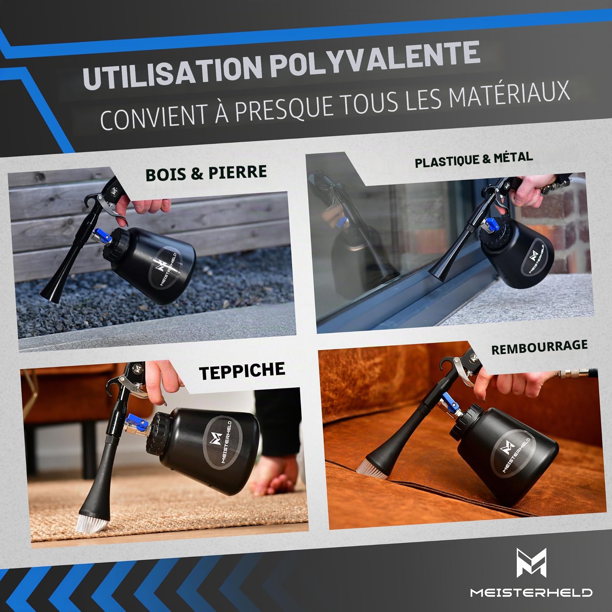 Pistolet de nettoyage à air comprimé - Nettoyeur précis à sec et humide pour voiture, tapis, etc. - Pistolet à air comprimé avec réservoir d'eau, embout brosse et valves de dosage