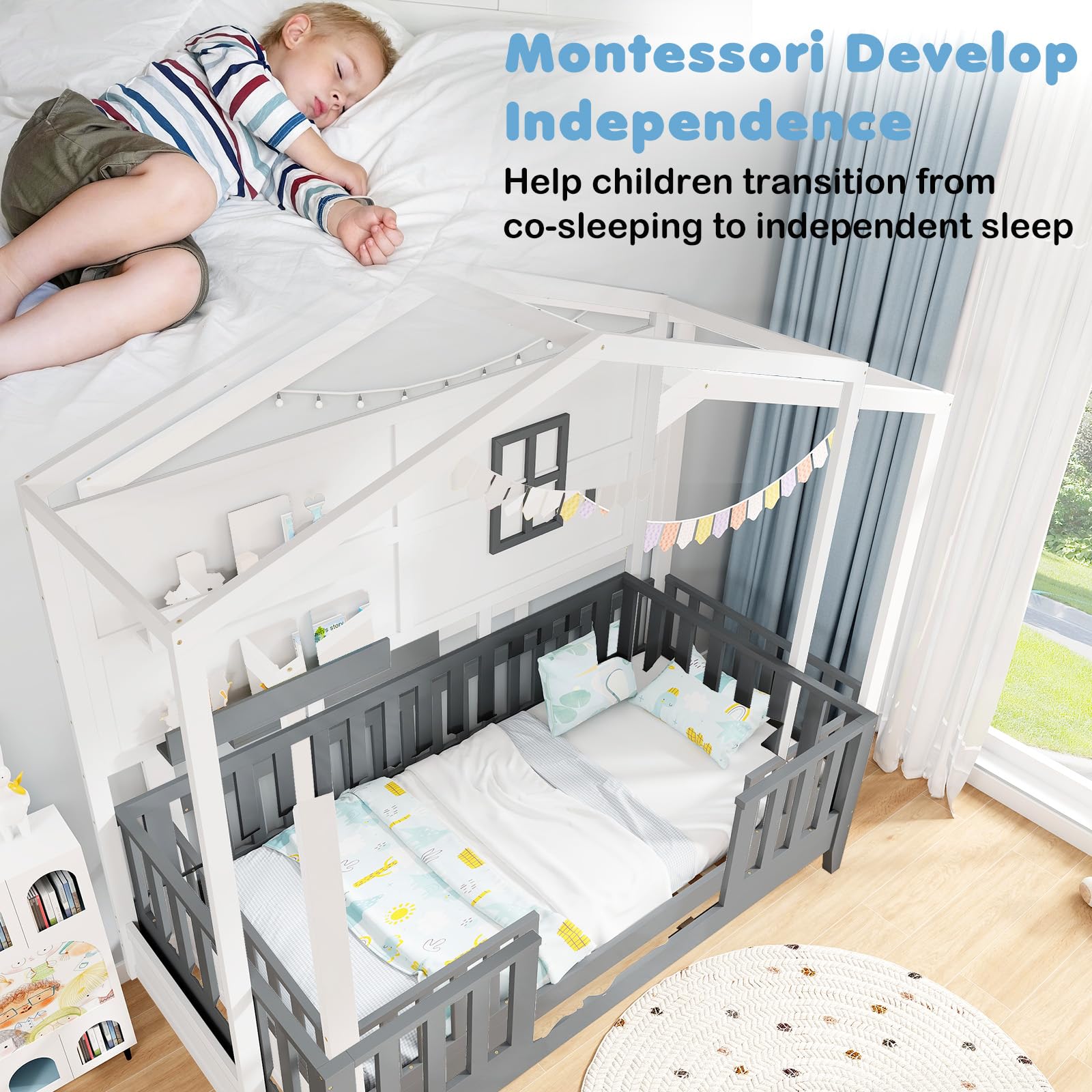 LIFEZEAL Letto Montessori per Bambini, Adulti, Struttura Letto a Casetta con Contenitore, 200x90cm, Telaio in Legno Massello, Rete, Telaio, Base, Piattaforma, Cameretta, Dormitorio
