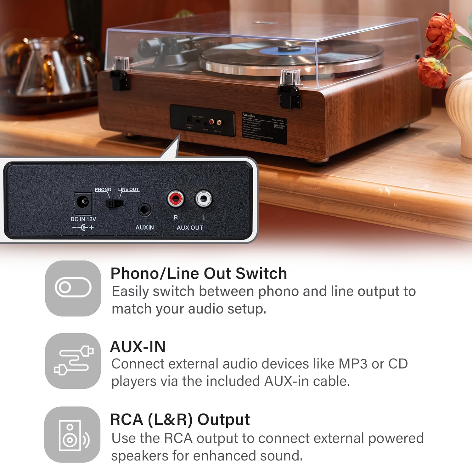 Annesburg Vinyl Record Player, Bluetooth Turntable with Built-in Speakers, High Fidelity Belt Drive 33/45 RPM, AT-3600L Magnetic Cartridge, Wood Walnut