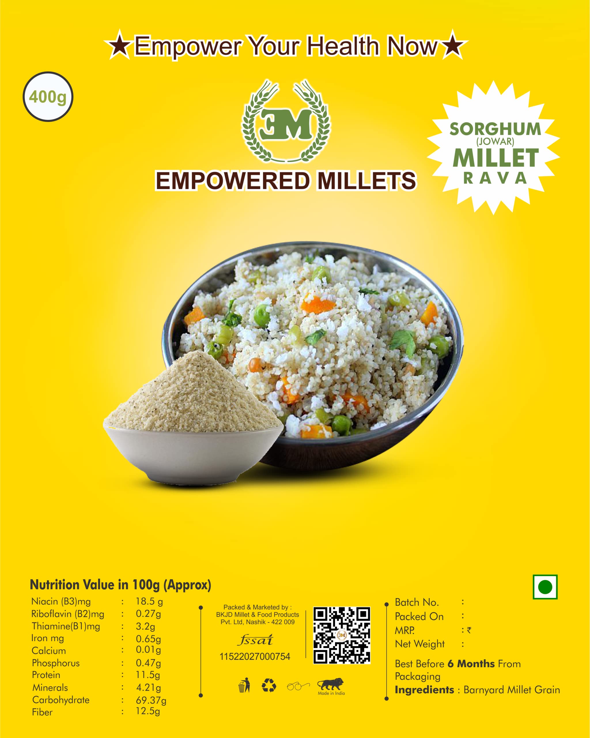 Jowar Millet (Sorghum) Rava Cereal by Empowered Millets | No Maida- Wheat | Gluten Free| High in Protein n Nutrition | 100% Vegetarian | Ready to Cook | Tasty | Enjoy Sweet Dishes| (400gm Pack of 3)