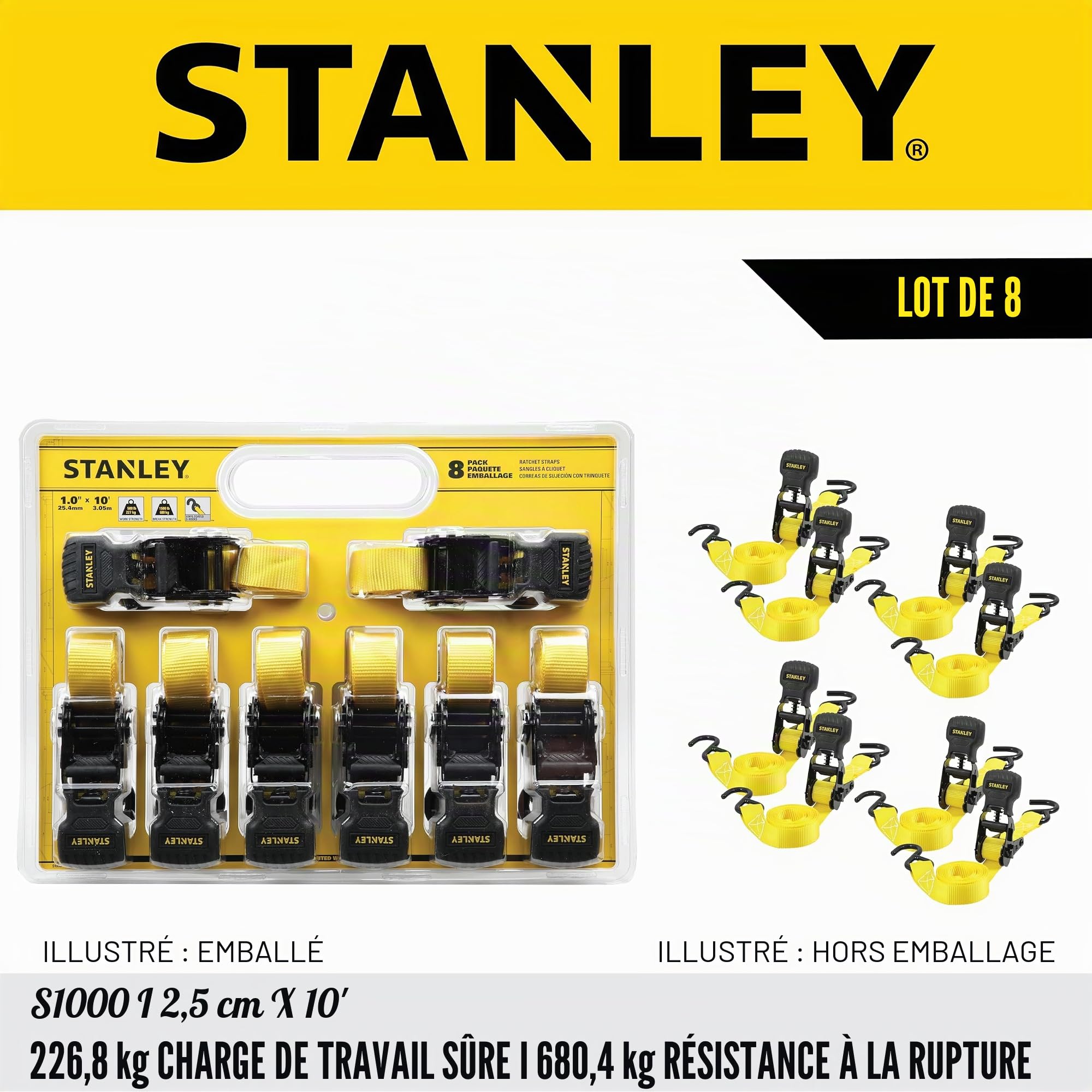 Stanley S1000 Lot de 8 Sangles à cliquet Stanley - 2,5 cm x 3,05 m - pour Transport de Charges légères (résistance à la Rupture de 680 kg) - Noir/Jaune