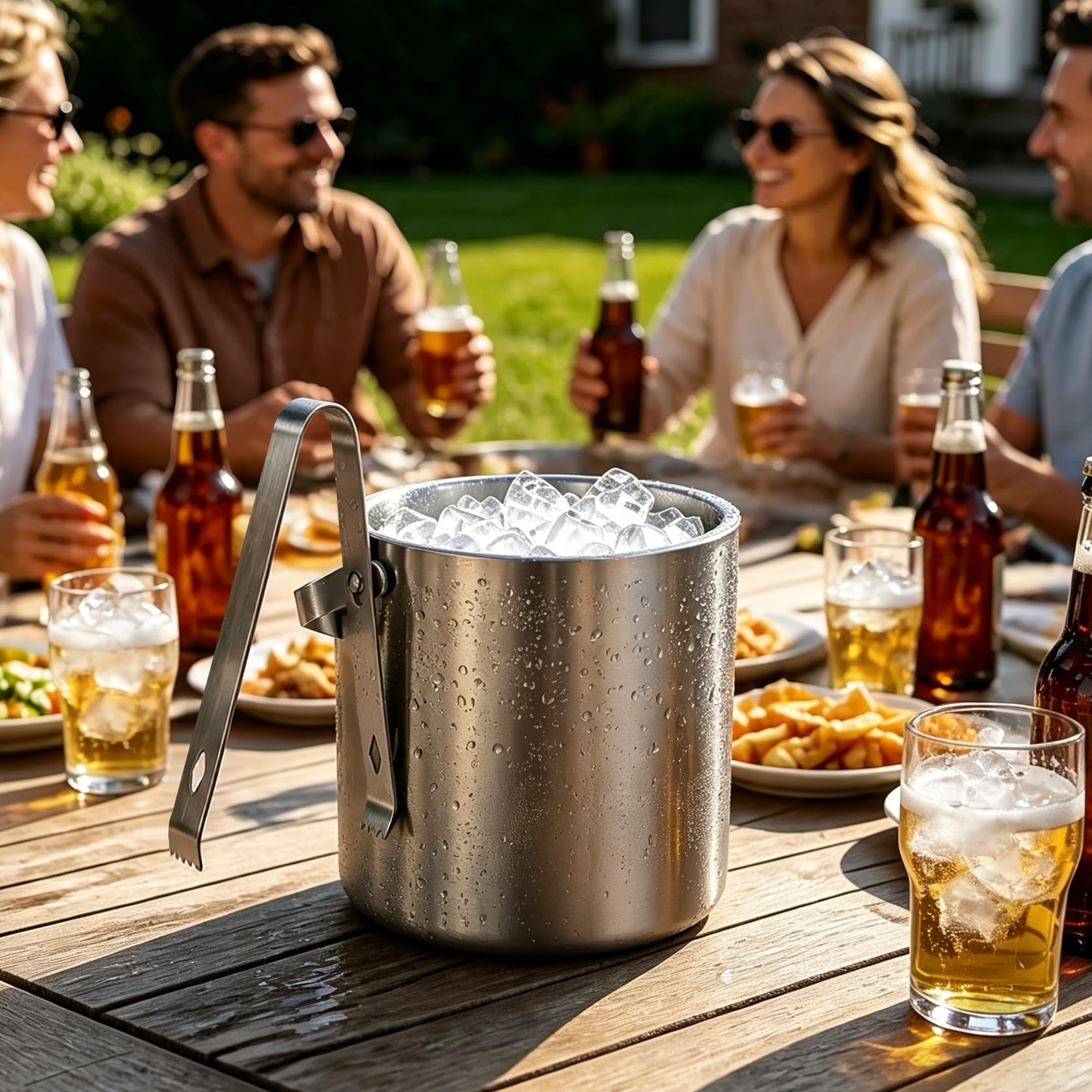3,2 L Eiswürfelbehälter mit Deckel und Zange，Doppelwandig Isoliert Edelstahl Eiswürfelbehälter für Wein ，Premium Eiseimer für Eiswürfel, Eiskübel für die Eiswürfel Aufbewahrung