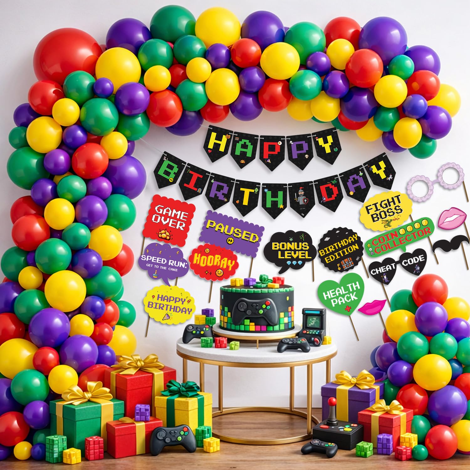 Party Propz Game Theme Happy Birthday Decoration Kit -79 Pcs, Balloon for Birthday Decoration Items with Photobooth Props, Game Theme Happy Birthday Banner for Boys & Girls (Cardstock, Latex)-image-10