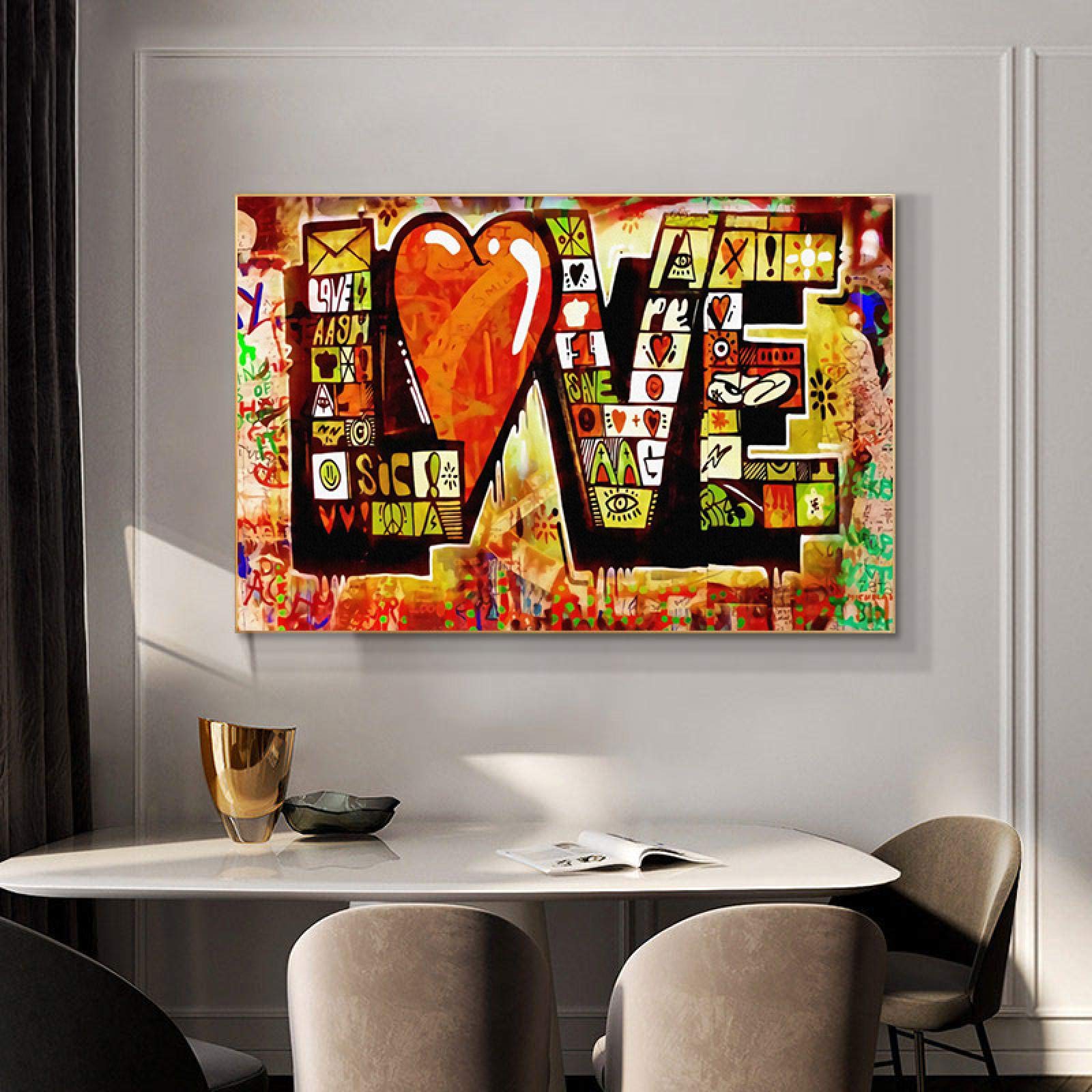 Yooyu Arte callejero Graffiti Red LOVE Pintura en lienzo Carteles abstractos modernos e impresión Imagen de arte de pared para la decoración de la sala de estar 75x135cm (30x53in) Marco negro