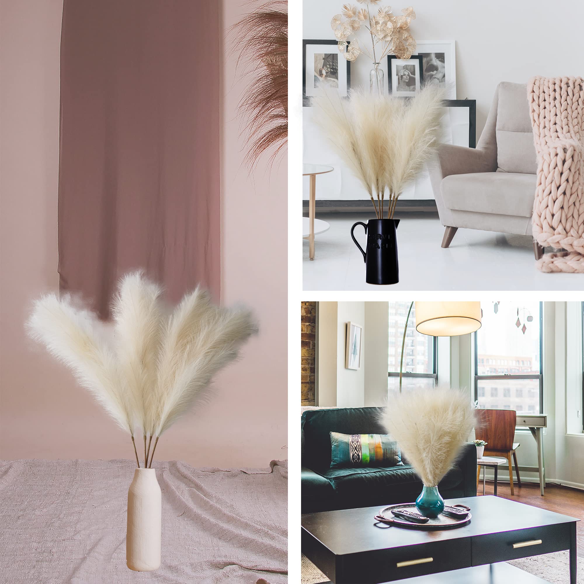 Kunstpampasgras, hoch, 109,2 cm, fusselfrei, groß, flauschig, Schilf, Kunstblumen, Federarrangement für Bodenvase, Boho, Bauernhaus, Hochzeitsdekoration, Beige, 4 Stück