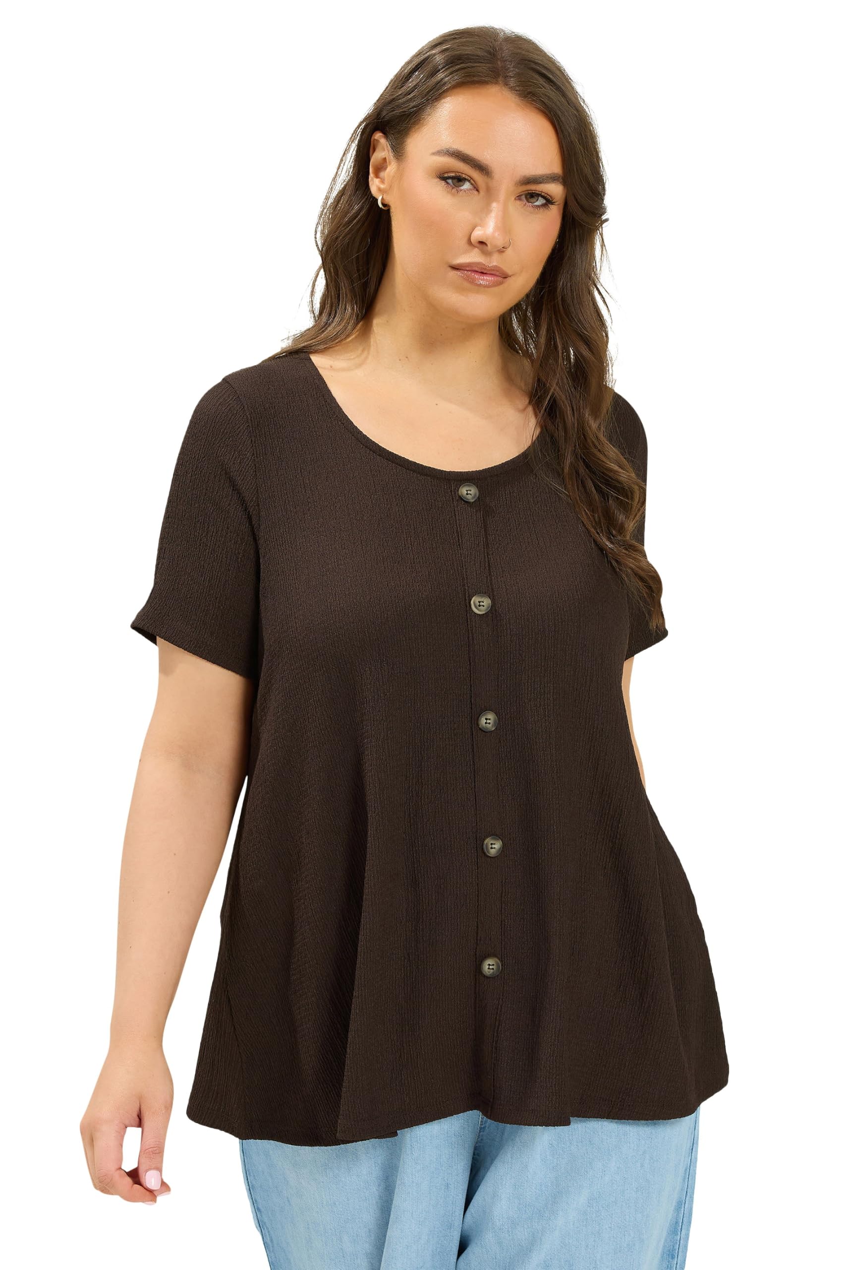 Yours Women's Crinkle Short Sleeve Swing Top in Brown | Size: 22-24