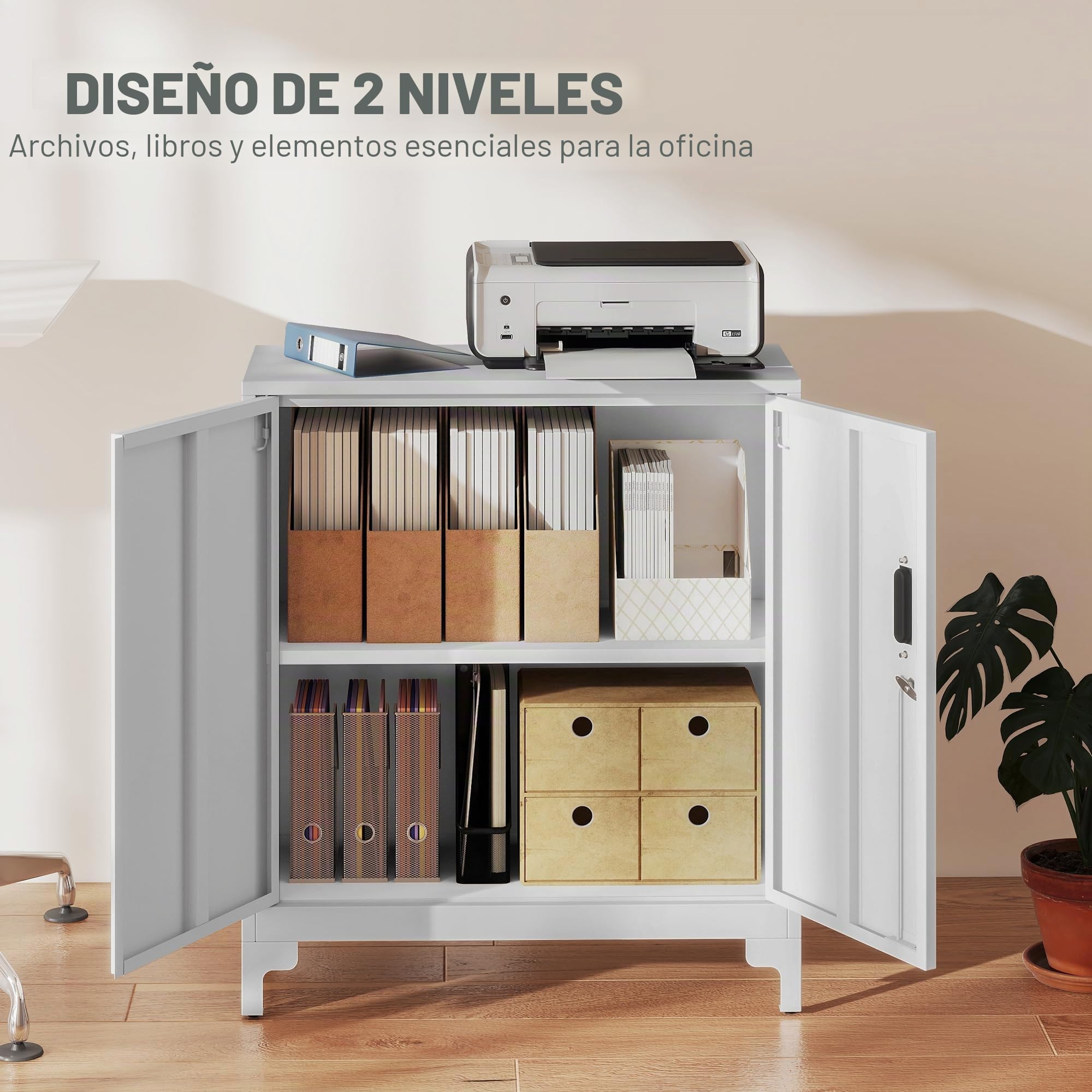 HOMCOM Armario Archivador Metálico con Cerradura, 2 Puertas y Estante, Fácil Montaje, Armario de Oficina Archivador para Estudio Garaje Sala de Estar 80x35x91 cm Blanco