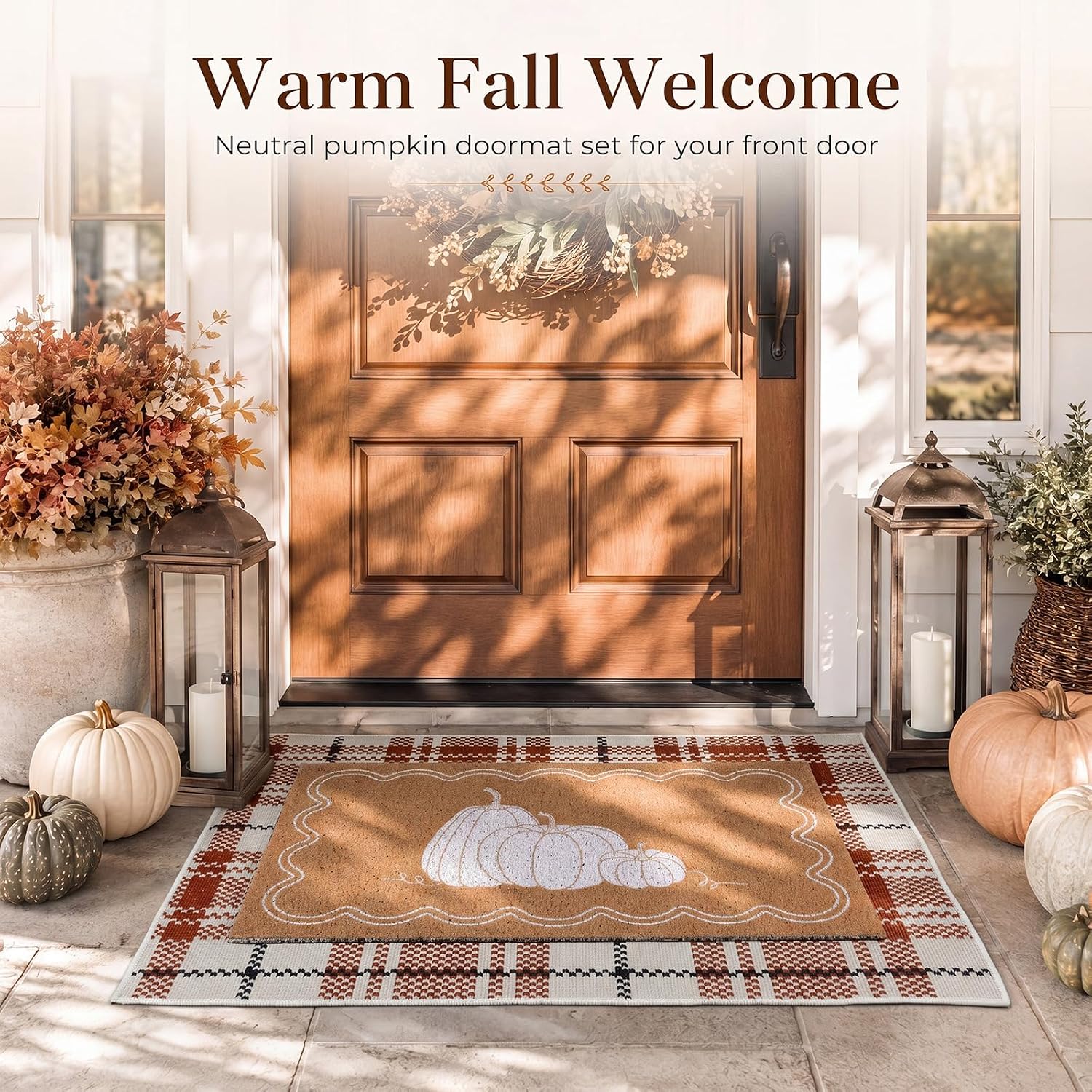 Tinideya 2 Pcs Fall Doormat Neutral Pumpkin Front Door Mat Autumn Buffalo Plaid Rug Combo Set Thanksgiving Doormat Non Slip Entrance Door Rug for Porch Outdoor (Pumpkin 2)