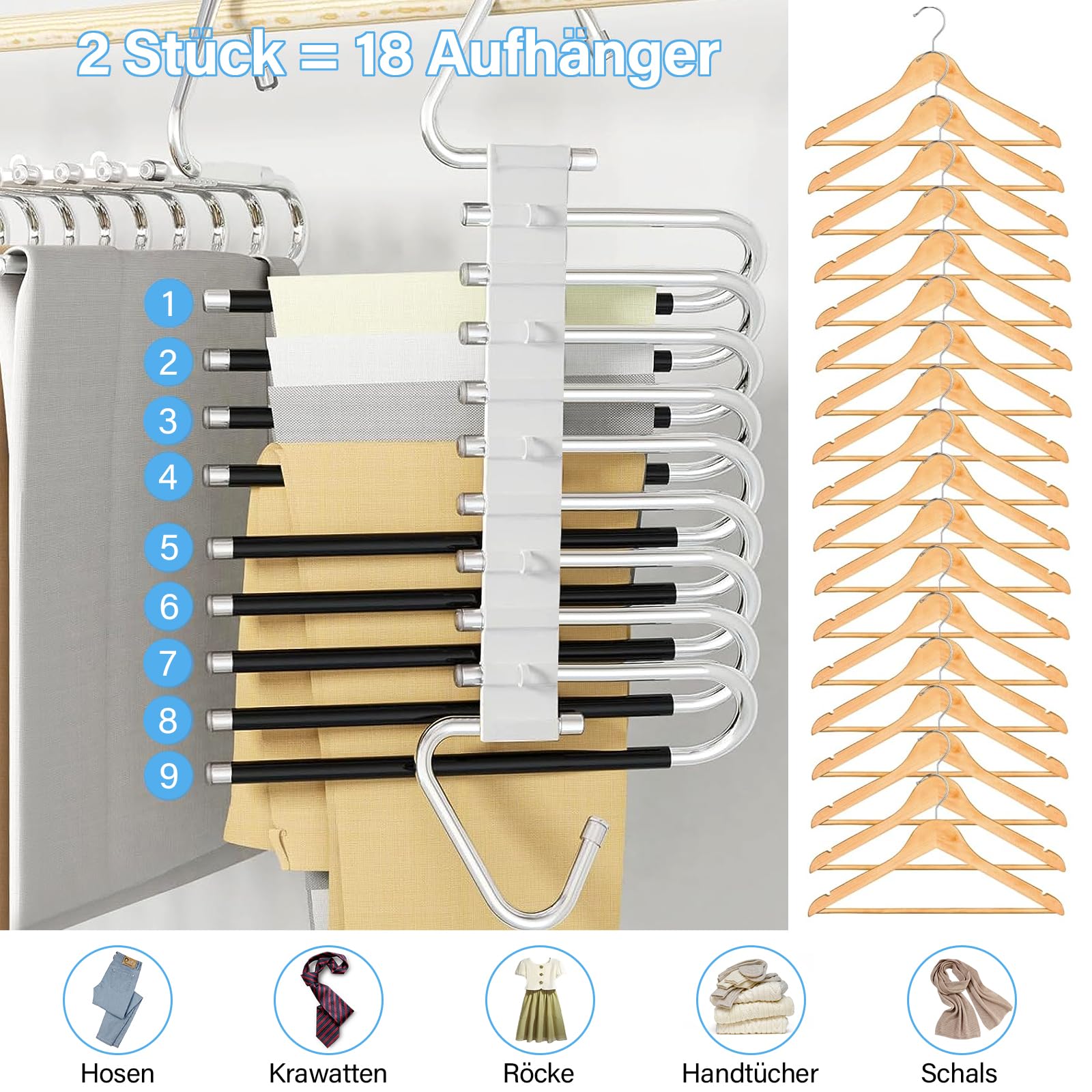 9 en 1 Cintre Pantalon, 2PCS Cintre Pantalon Gain De Place, Cintres Porte Pantalons Antidérapant Pliable, Ceintre pour Pantalons, pour Tous Types De Pantalons, VêTements, écharpes, Serviettes, Jupes