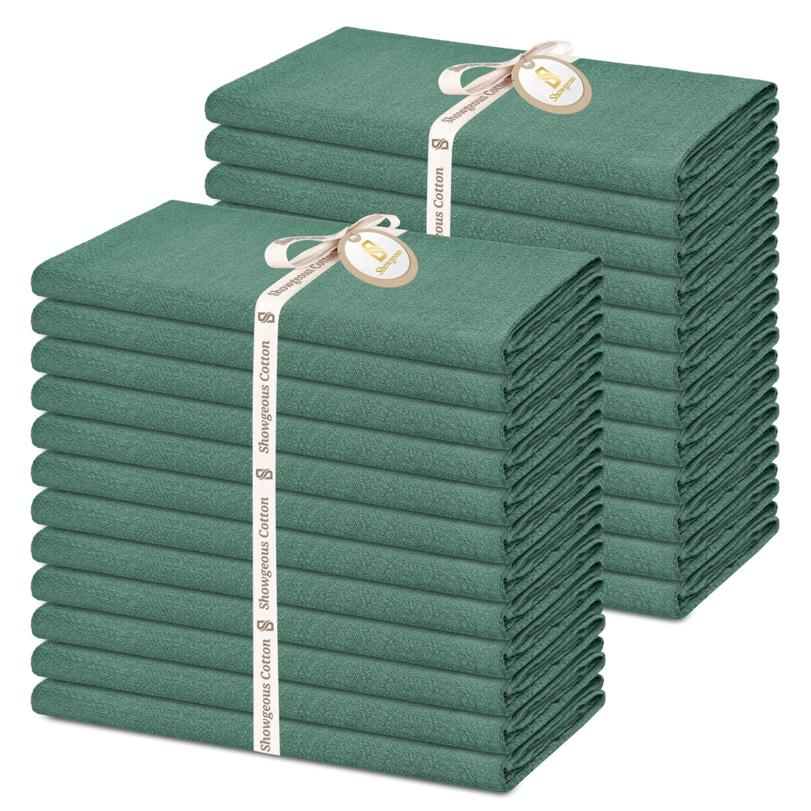 Showgeous Lot de 24 Serviettes en Lin et Coton, 40 x 40 cm, Serviettes en Tissu mélangé de Coton et de Lin, lavables et réutilisables pour Mariage, dîner(Foncé Vert)