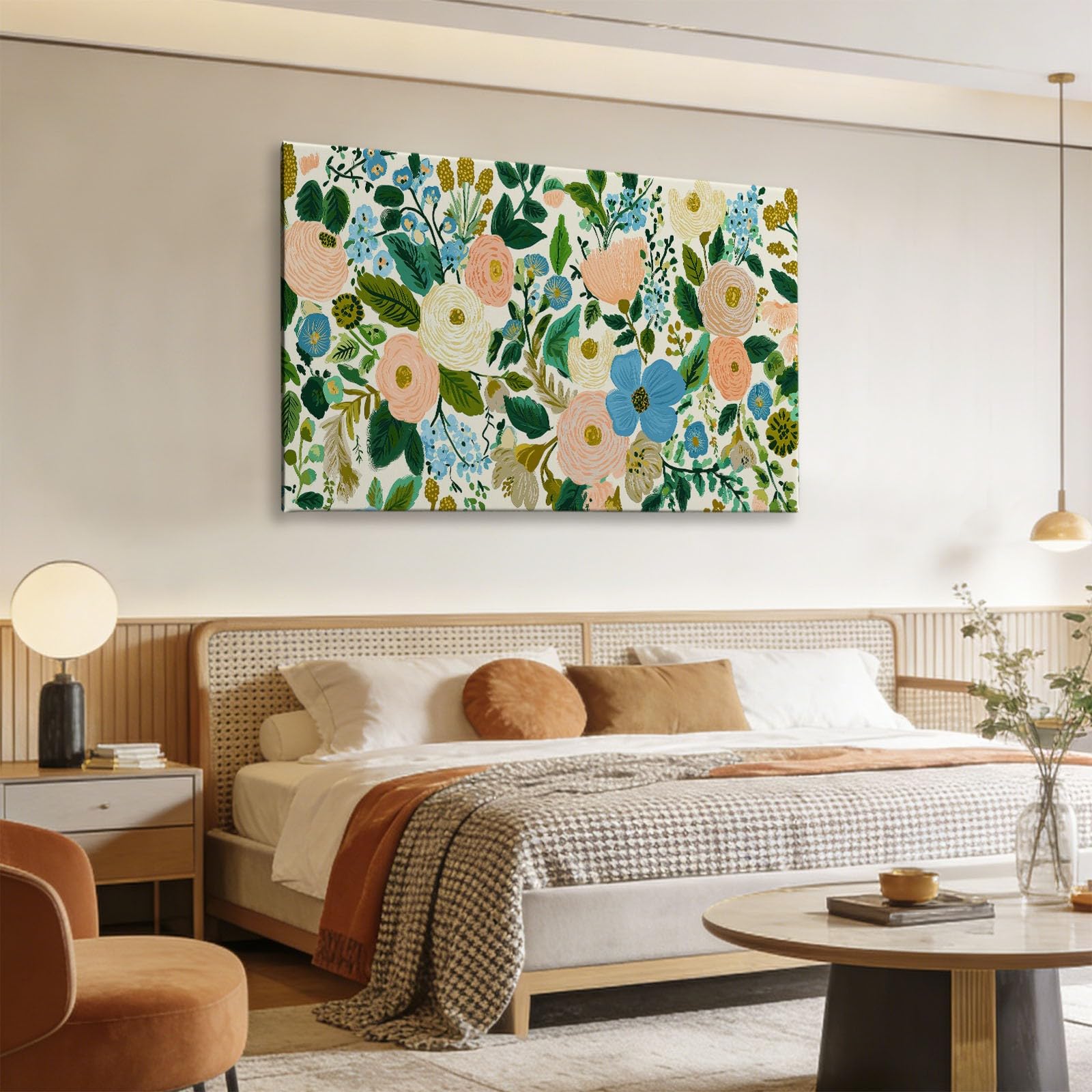 Pflanzen Garten Blumen Gänseblümchen Blätter Modernes Leinwandbild 120L x 60B cm mit Rahmen, Landhausstil XXL Wanddeko für Wohnzimmer Geschenk Idee Einzug - Hochwertiger Kunstdruck auf Holzrahmen
