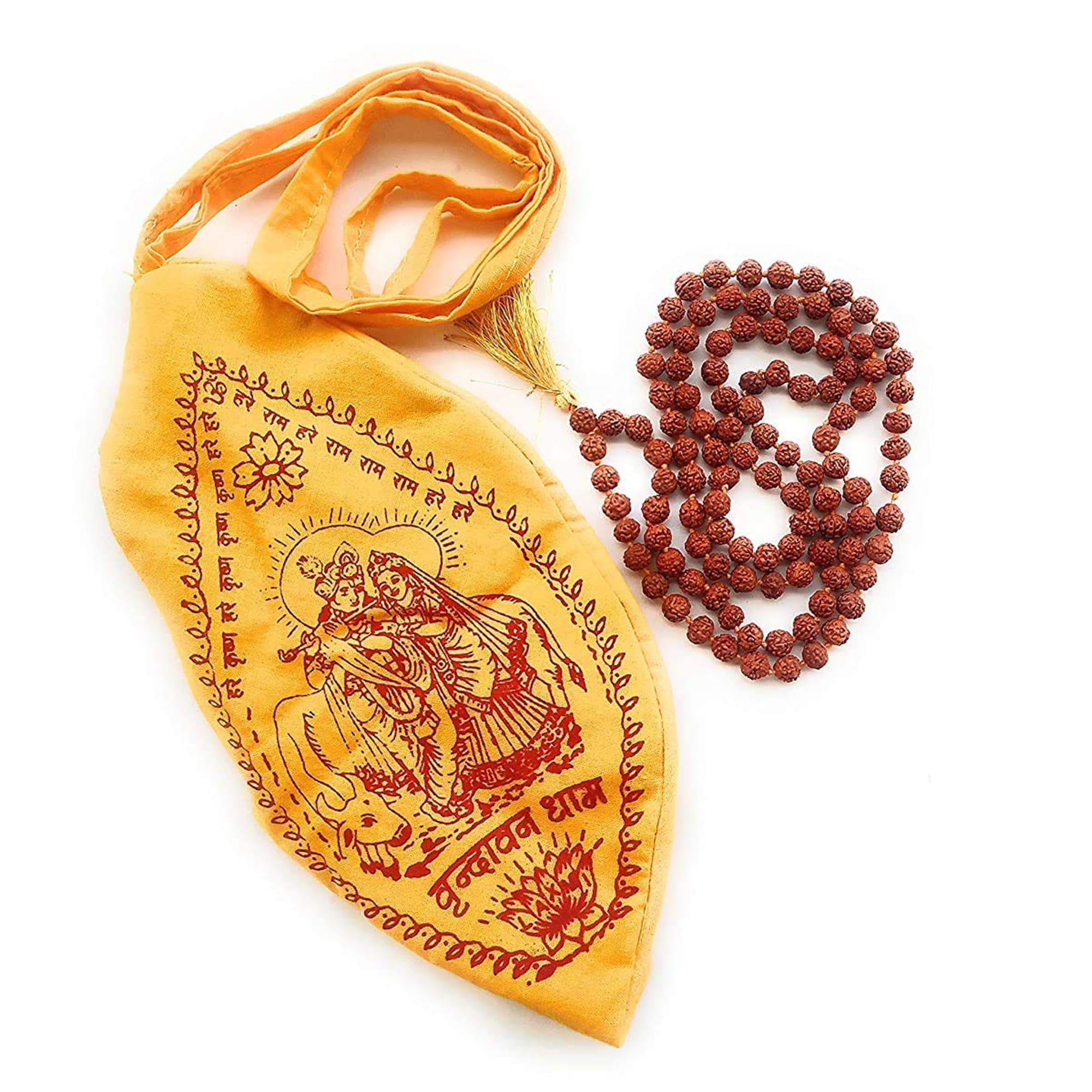 Radha Krishan Name Printed Cotton Pouch, Pooja Items Bag, Gomukhi Mala Jaap Bag, Small Size Yellow