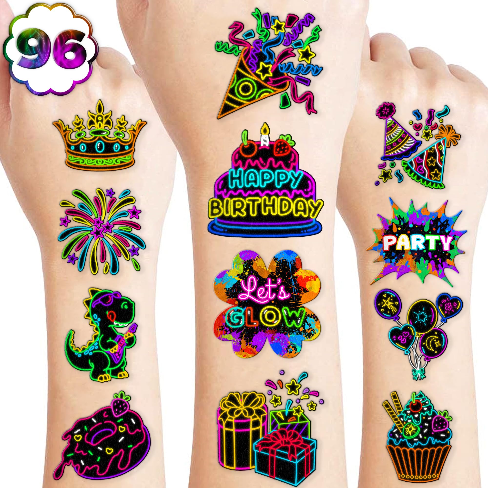 96 PCS Neon Let Glow In The Dark Pre-Cut Temporary Tattoos for Kids | Super Cute Themed Birthday Party Favors, Supplies, Decorations, Fake Tattoo
