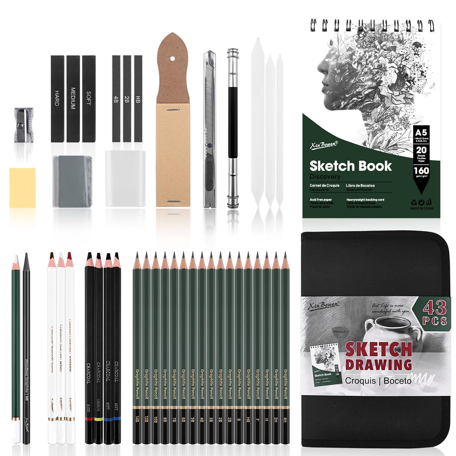 Amazon.co.jp: XINBOWEN スケッチ鉛筆 43本パック 描画用 チャコール