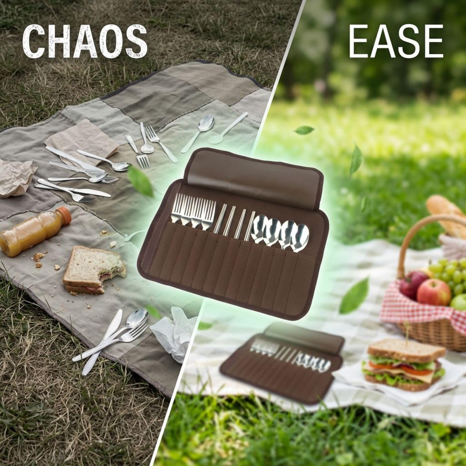 13-teiliges Besteckset für 4 Personen, Camping-Besteck aus Edelstahl 430, mit 4 Löffeln, 4 Gabeln, 4 Essstäbchen, kompakte Rolltasche für Grillen, Picknick und Outdoor-Aktivitäten