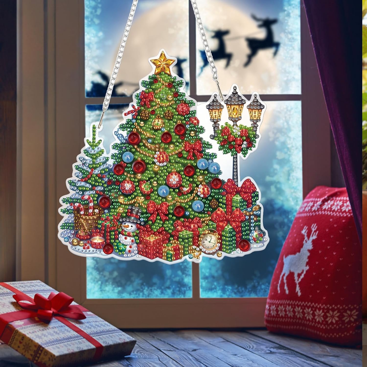 Bowetile Christmas Diamond Art Hanging Kits for Adults, Diamond Art Suncatchers Christmas Tree, 5D Special Shape Diamond Painting Pendant Window Ornament Christmas Gifts for Home Door Wall Decor