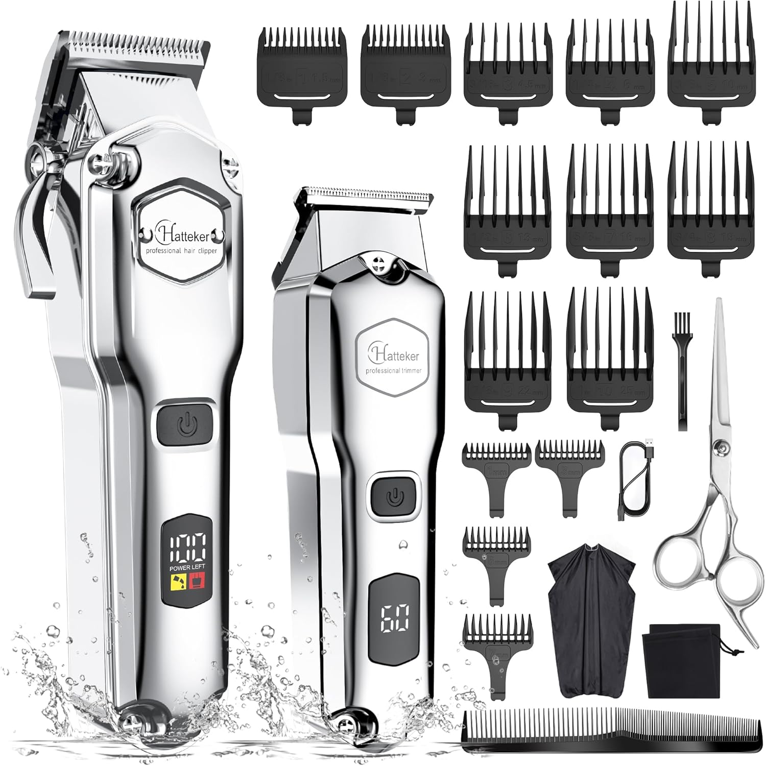 Hatteker Professionele tondeuse Mannen baard- en haartondeuse Tondeuse met schaar Snoerloze set Verwijderbaar T-mes Waterdichte tondeuse voor lang haar (zilver)