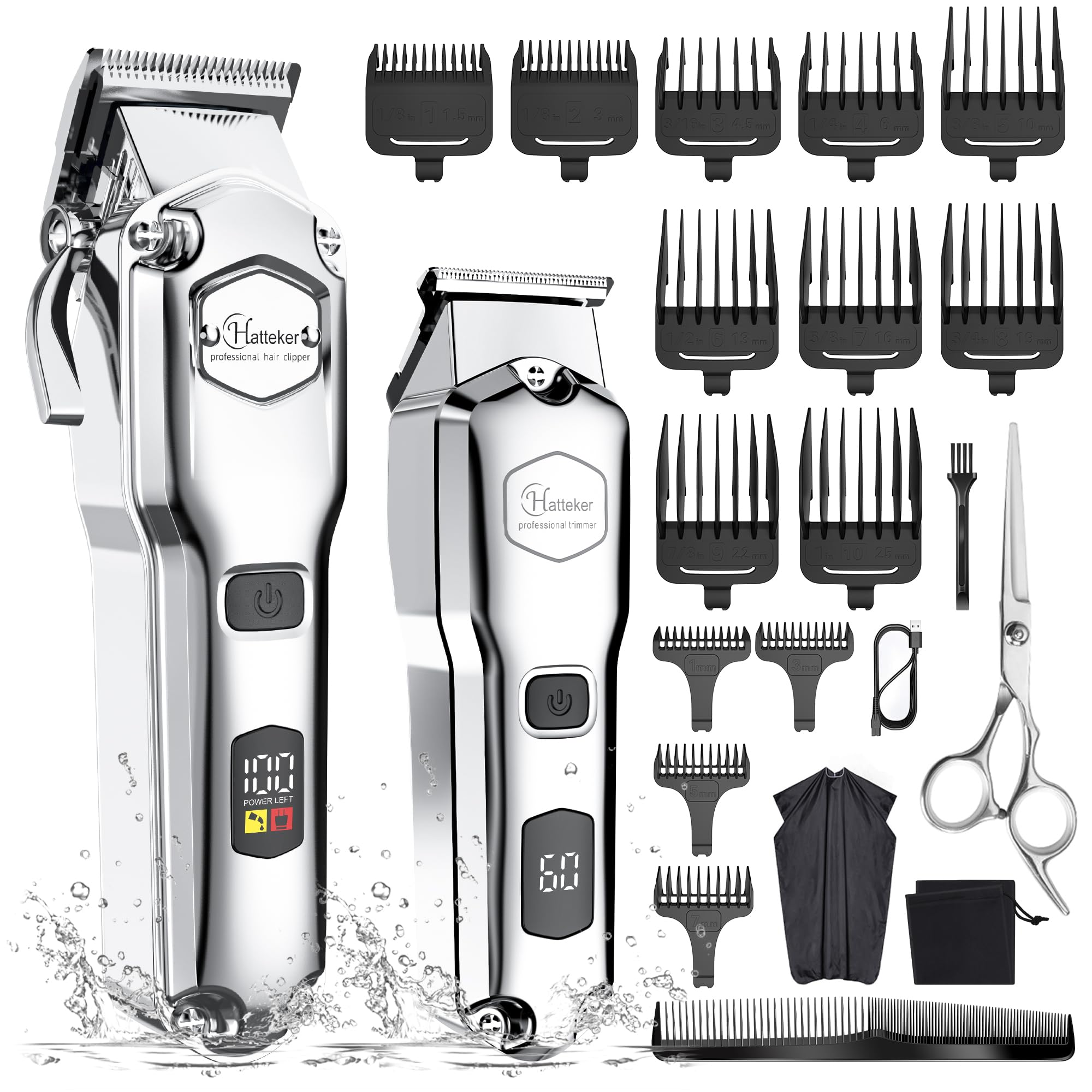 Hatteker Cortapelos Profesional Hombre Maquina de Cortar pelo Sin Cable Kit de Cortadora de pelo con Tijeras Cuchilla en T Extraíble Cortabarbas Maquina de afeitar Impermeable Cortapelo Largo (Plata)
