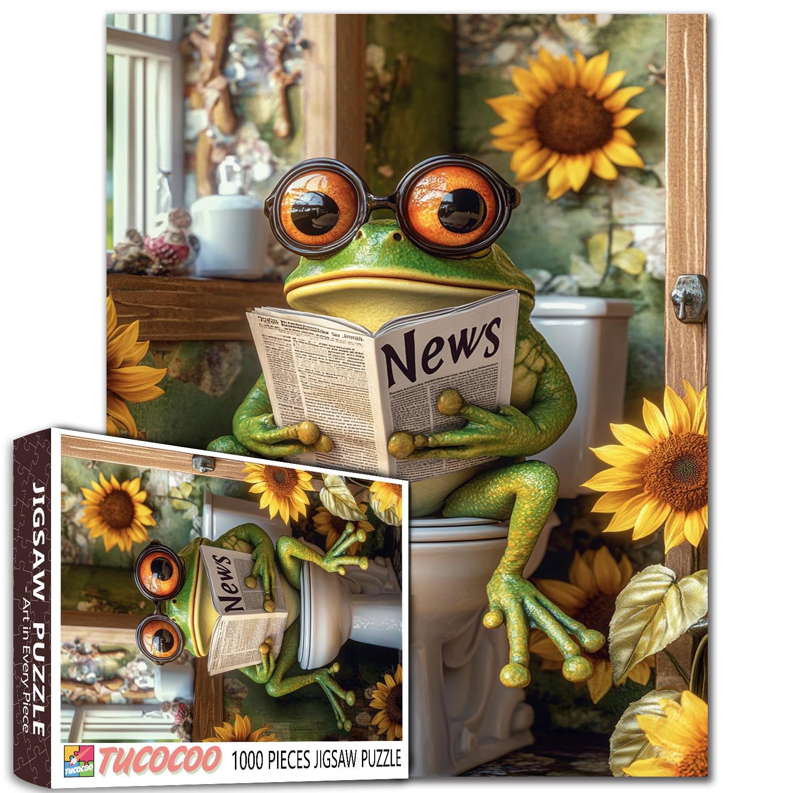 Funny Frog on Toilet 1000 Piece Puzzle for Adults Big Eyed Frog Reading Newspaper Jigsaw Bathroom Decor with Sunflowers Whimsical Animal Puzzles for Men Women Family Challenging Unique Puzzle Gift