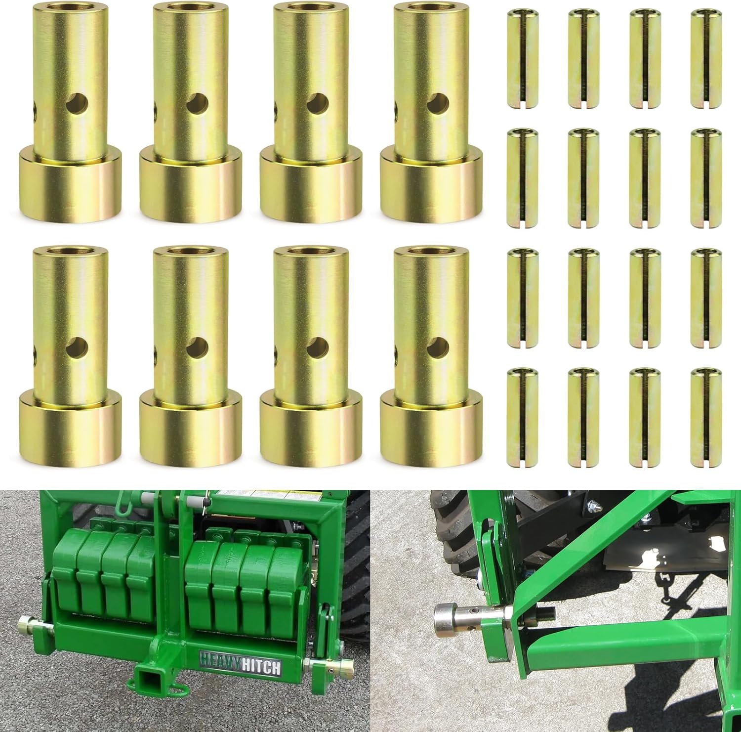 Quick Hitch Adapter Bushings Set Fit for Cat 1 3-Point Tractor Implements 8PCS Bushing Kit with Roll Pins, Gold
