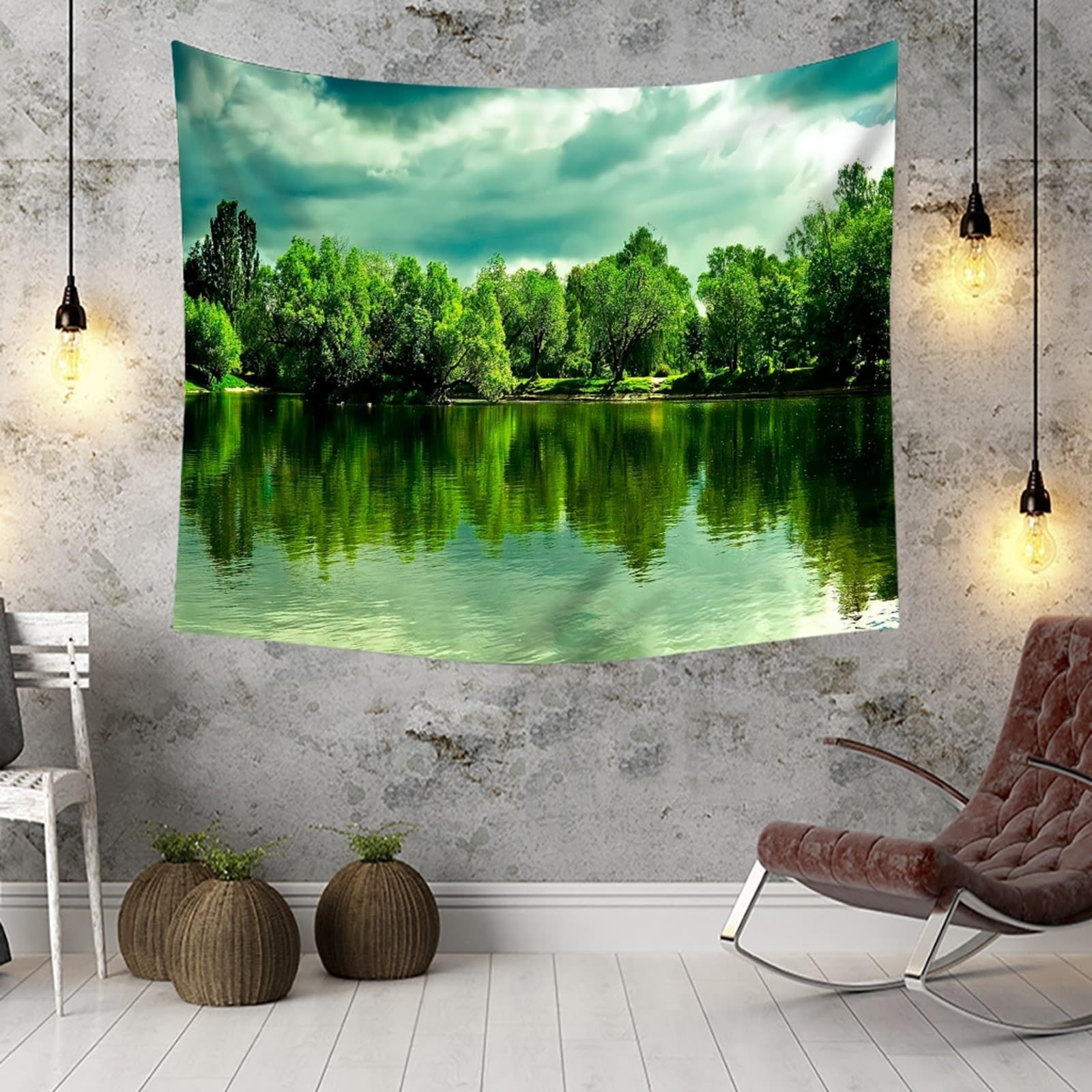 Skcess Wandbehang Grün, Polyester Wandbehang See, Bäume, Naturlandschaft Wandteppich 240x220cm