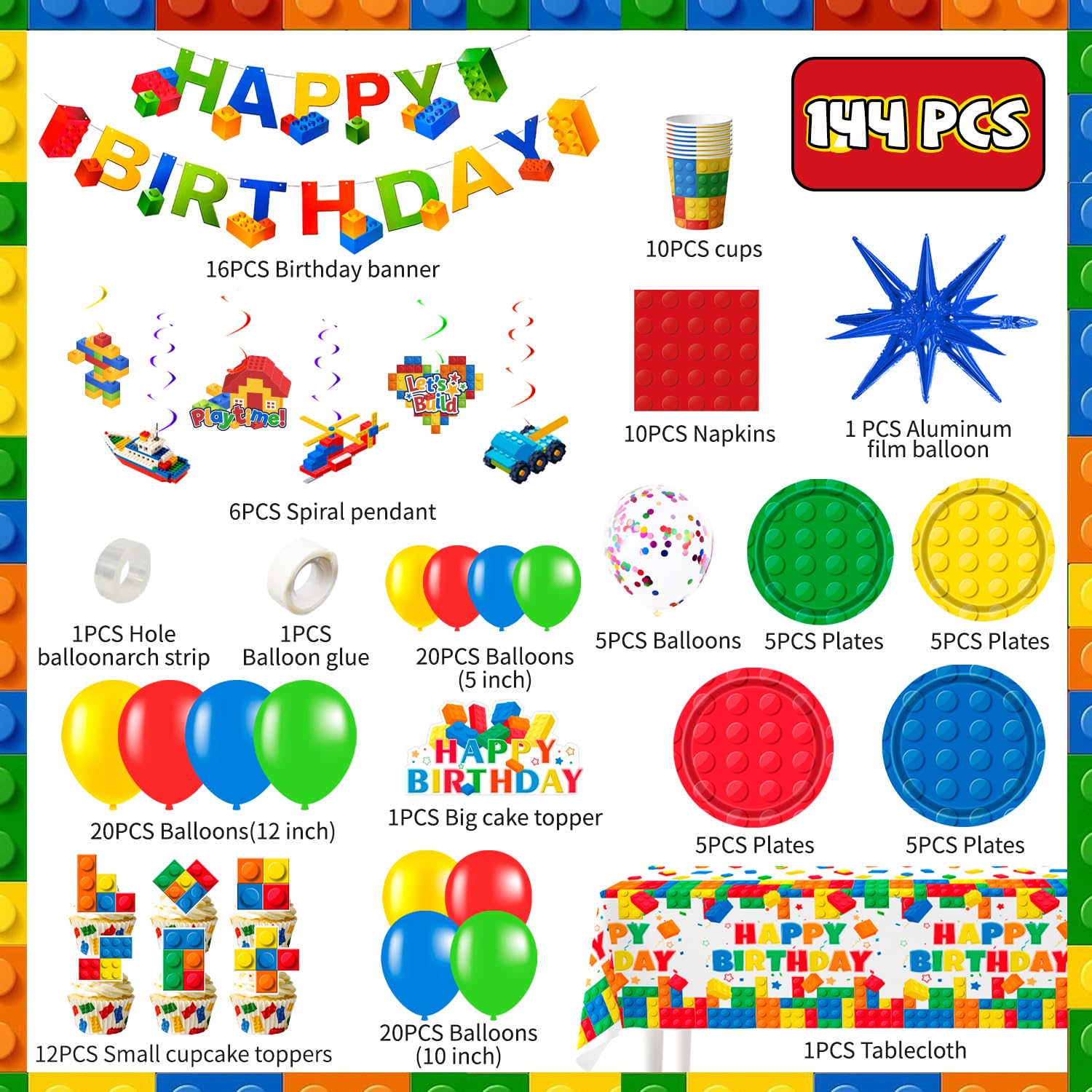 Blocchi di Costruzione Forniture per Feste,114 Pezzi Building Block Decorazione per Feste Set Banner di Compleanno Building Block Tovaglia Piatti Palloncini etc Forniture per Feste Building Blocks