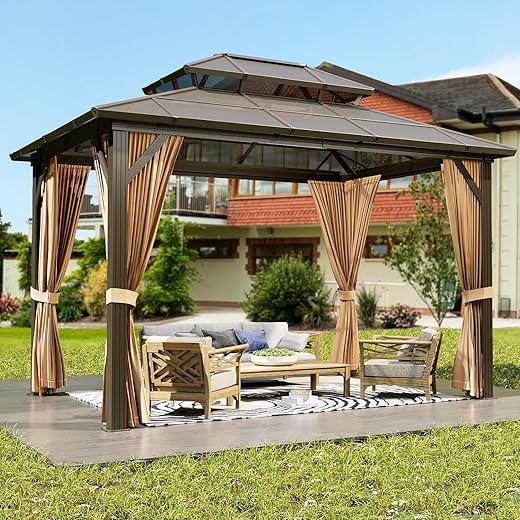 GAOMON 10'x13' Hardtop Gazebo, Outdoor Polycarbonate Double Roof Canopy, Aluminum Frame Permanent Pavilion with Curtains and Netting, Sunshade for Garden, Patio, Lawns