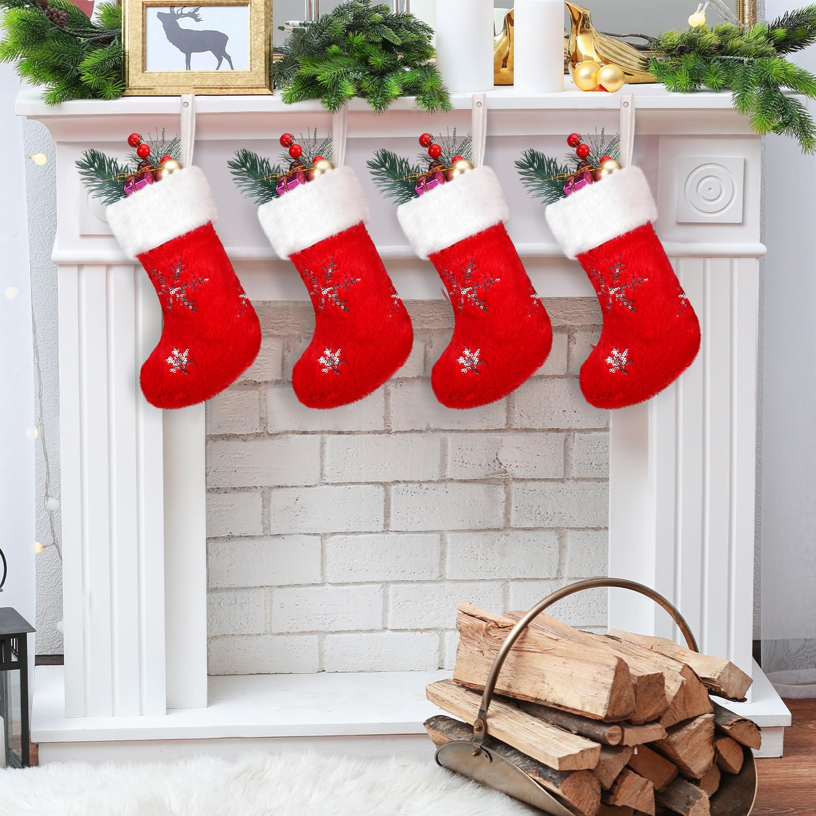 Mini-Weihnachtsstrümpfe, Kunstfell, Weihnachtsstrümpfe, kleine Plüsch-Pailletten, Schneeflocken-Strümpfe für Familie, Urlaub, Party, hängende Dekoration, Geschenk, Rot, Weiß, 12 Stück