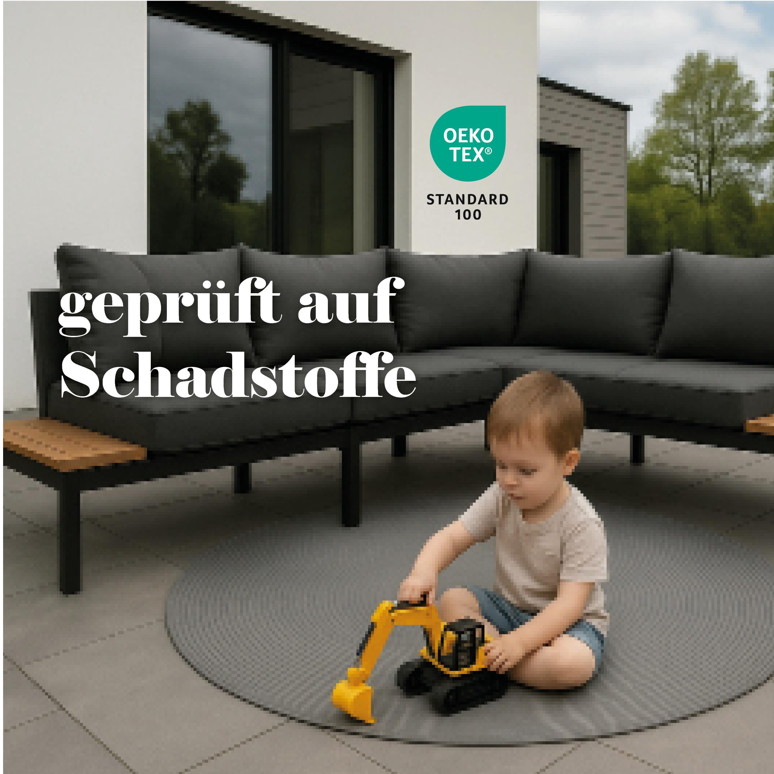 Astra Robuster Outdoorteppich rund - Beidseitig nutzbarer Teppich Innen und Außen - Handgenähter-Teppich Balkon, Terasse, Garten - Grau rund Ø 120 cm