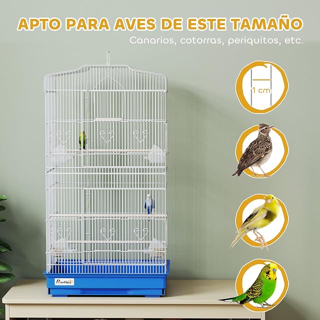 Foto 6 de 8 de PawHut Jaula para Pájaros con Puertas 4 Comederos 46,5x35,5x92 cm Azul