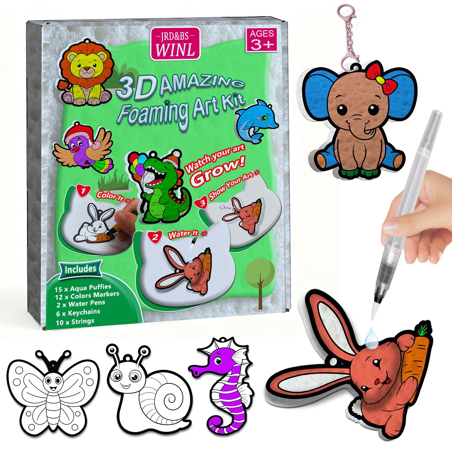 JRD&BS WINL 3D Kunst Set 15 Aqua Puffs Tiere Spielzeug für Kinder DIY Färben & Aufblasen Aktivität, Reise Weihnachts Stiefeltücher-Surprise Geschenk für Jungen & Mädchen 4-10 Jahre (Tiere)