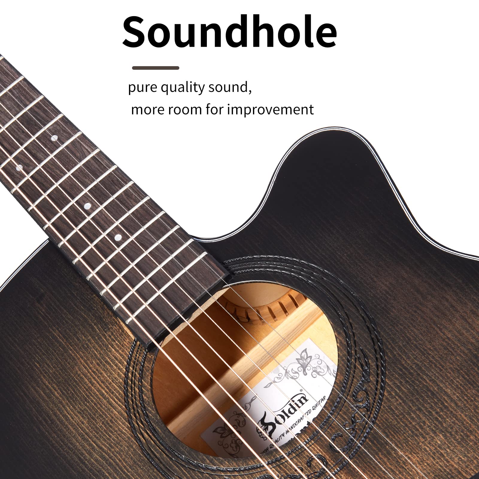 Chitarra acustica da 40 pollici in abete massello Top Cutway Bundle kit con custodia,supporto per chitarra,accordatore,cinturino,capo,corde,panno per la pulizia e plettri (nero silenzioso)