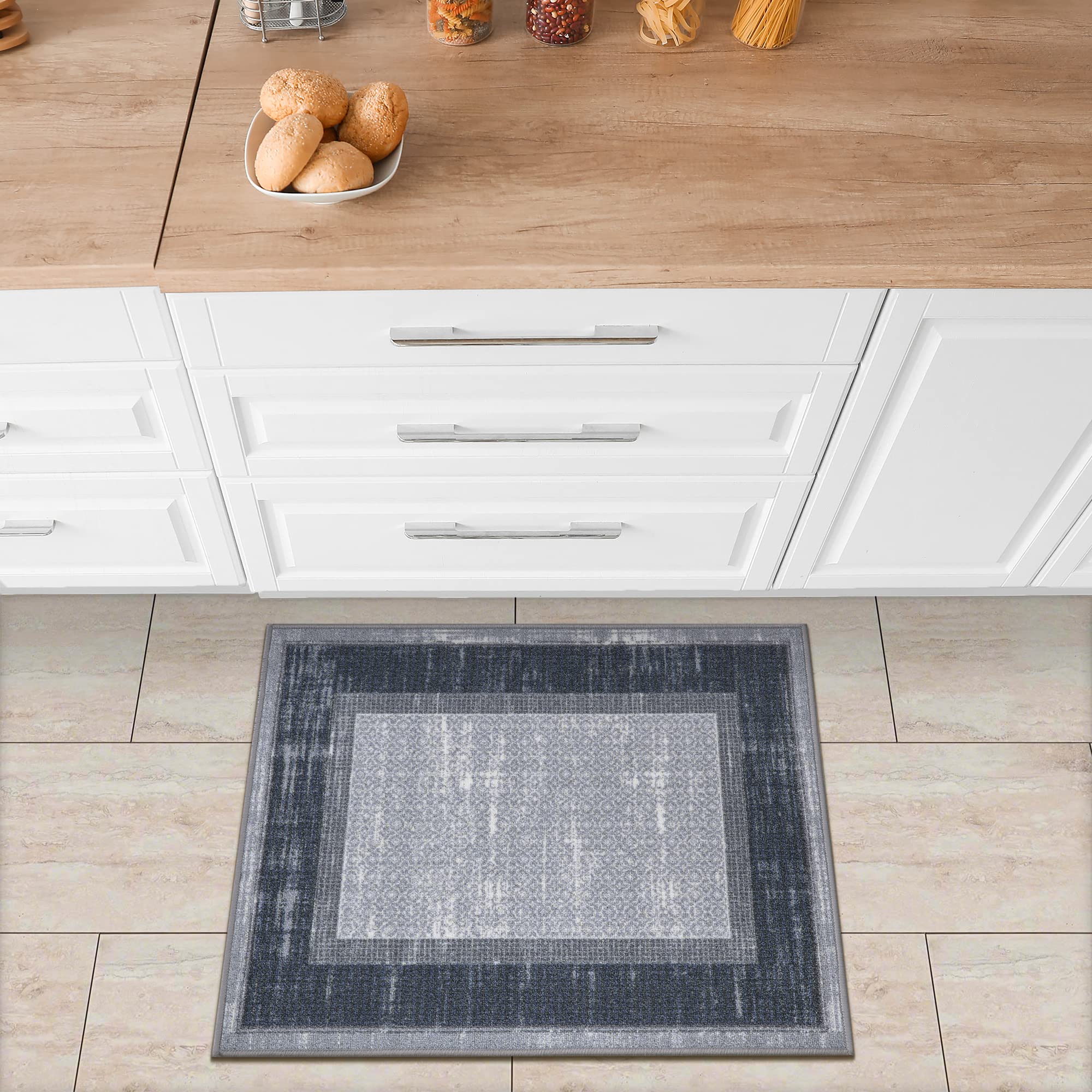 machine washable bordered design non-slip rubberback 2x3 traditional area rug for entryway, bedroom, kitchen, bathroom, 2'3" x 3', gray/black