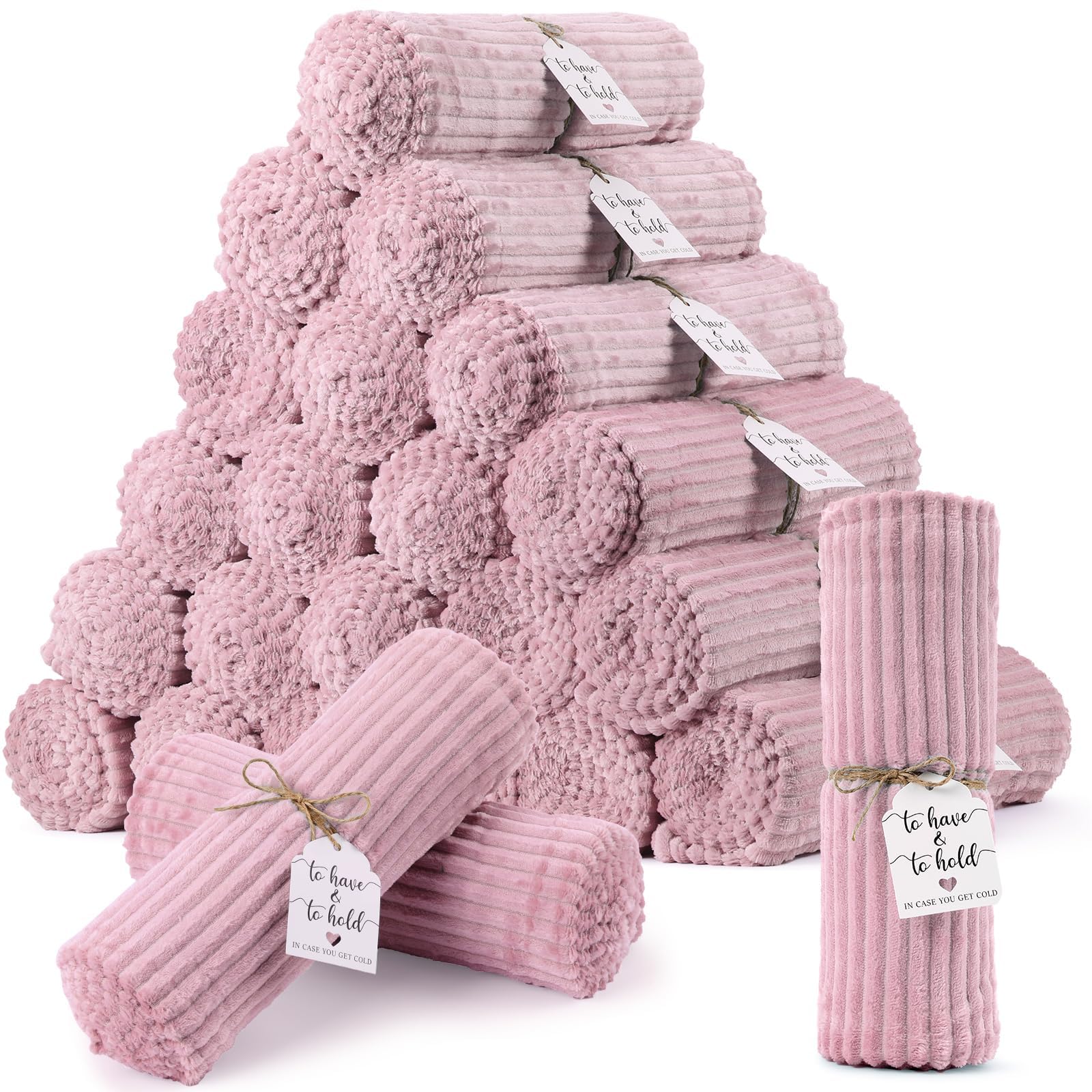 View 1 of 24 Pcs Dusty Pink Wedding Flannel Throw Blanket Bulk 50 x 60 Inch with to Have to Hold Card Striped Ribbed Soft Throw Blanket Lightweight Blankets for All Seasons Wedding Gifts Sofa Room(Dusty Pink)