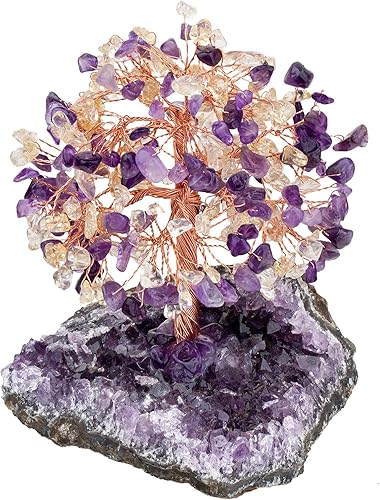 SUNYIK Árbol de cristal curativo sobre base de cuarzo de cristal de amatista natural, árbol bonsái de cristal hecho a mano para riqueza y suerte,
