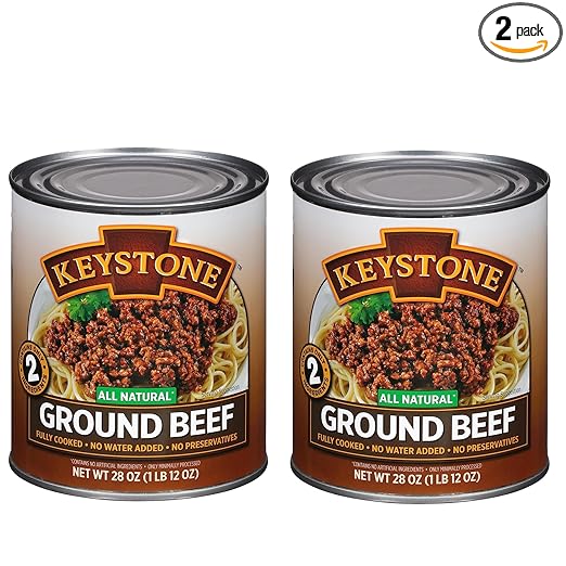 Keystone Meats All Natural Heat and Serve Ground Beef 28 oz – Fully Cooked Canned Meat – Ready to Eat – 5-Year Shelf Life – Pantry Staple for Everyday Meals, Emergency Survival Canned Food – Made in USA – Pack of 2