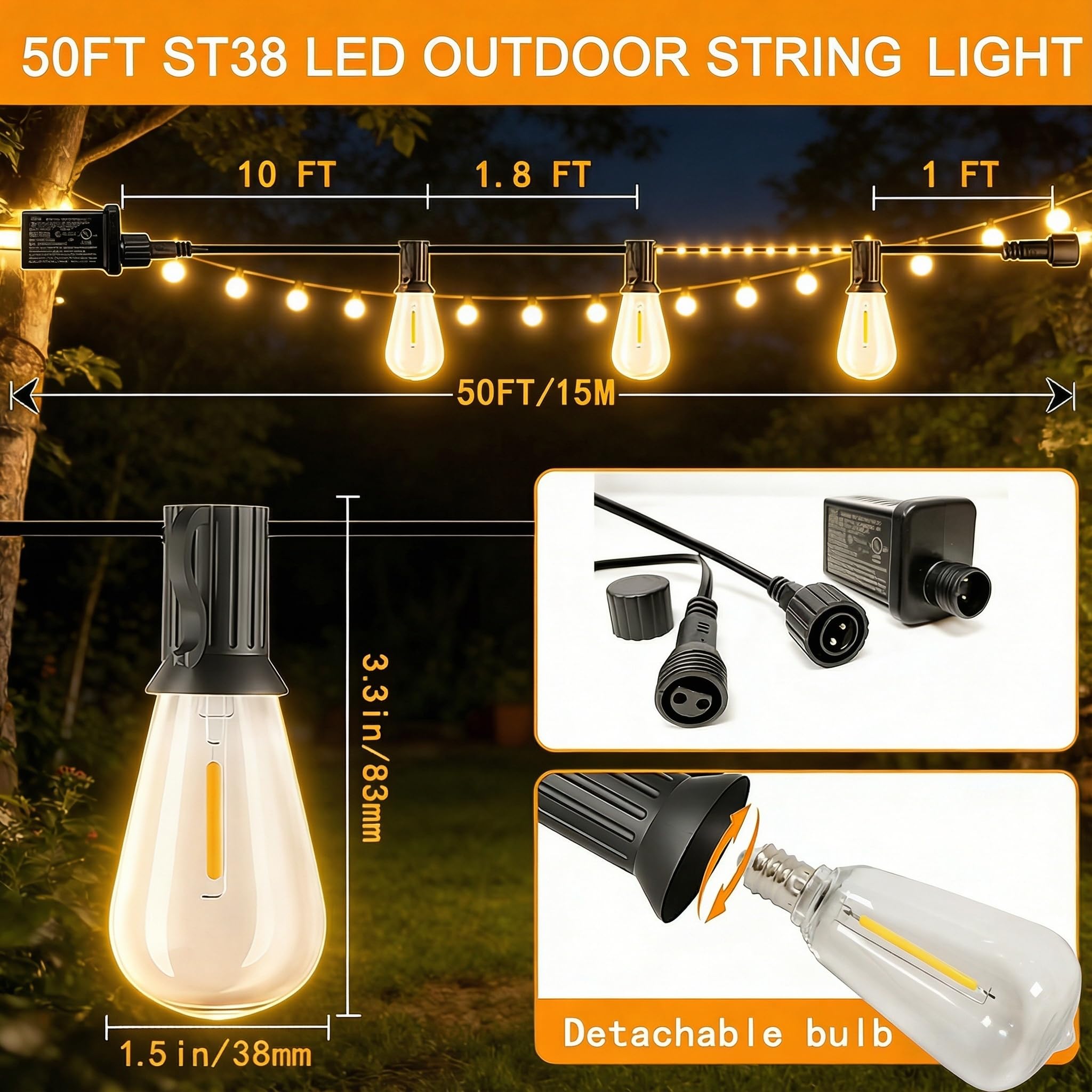 Guirnalda de luces LED para exteriores con 26 bombillas de plástico Edison de 50 pies (1 repuesto), luces colgantes impermeables para patio, porche, balcón, decoración de fiesta
