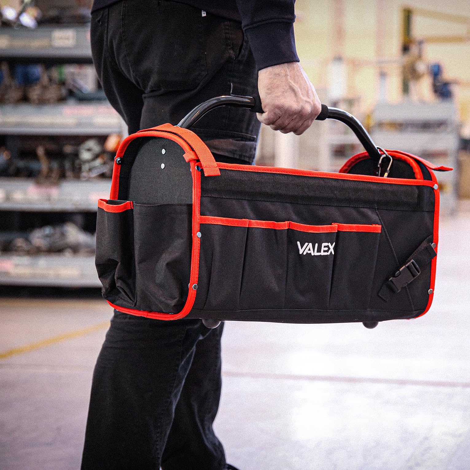 Valex Borsa Portautensili 19" con Manico in Ferro – Nylon Rinforzato, Base Rigida con Piedini Anti-Usura, Tracolla, 500x240x340 mm