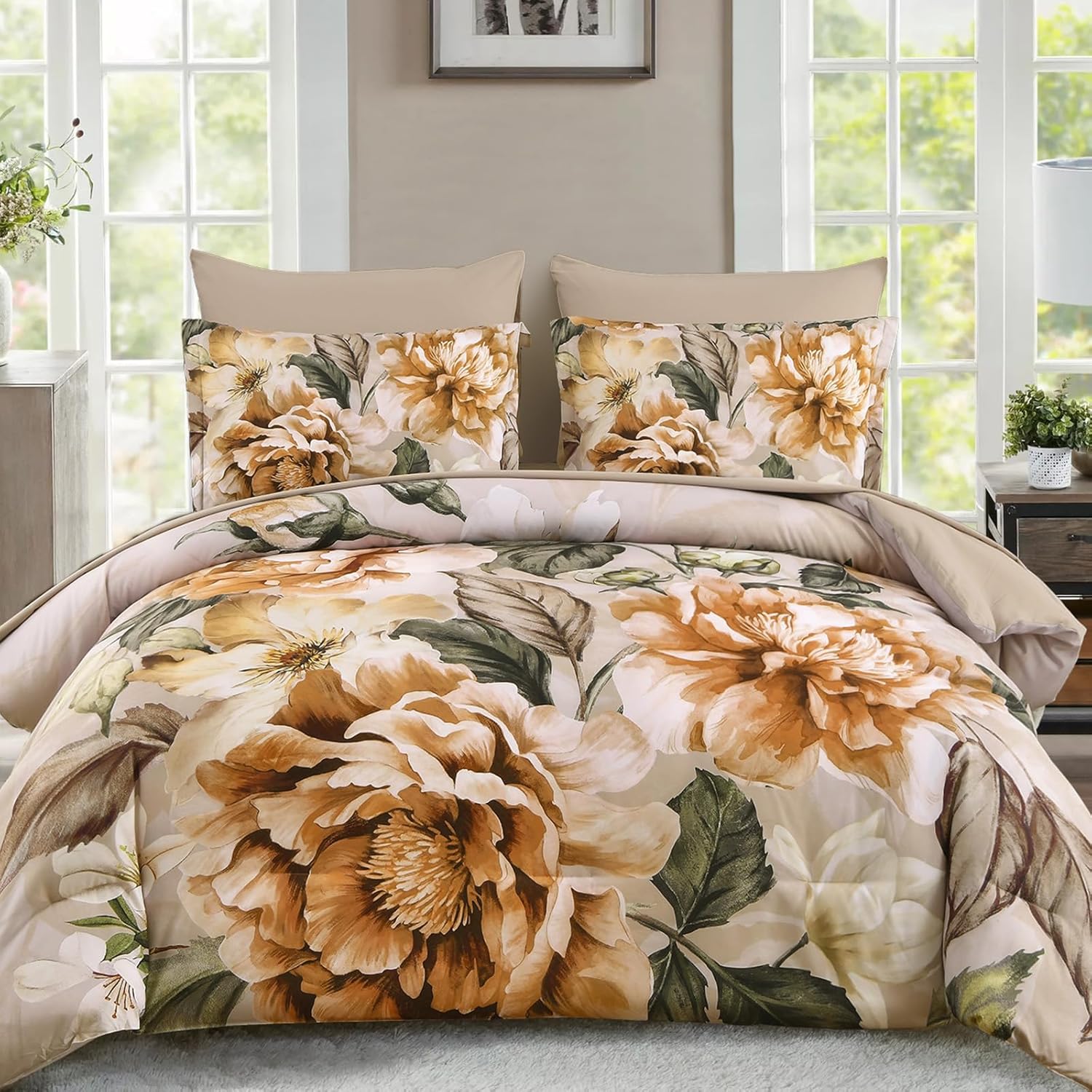 Yiran Floral Comforter Set Queen Size 7 Pieces Bed in a Bag, Khaki Flower Bed Set, Soft Lightweight Comforter with Sheet Set 90"x90"