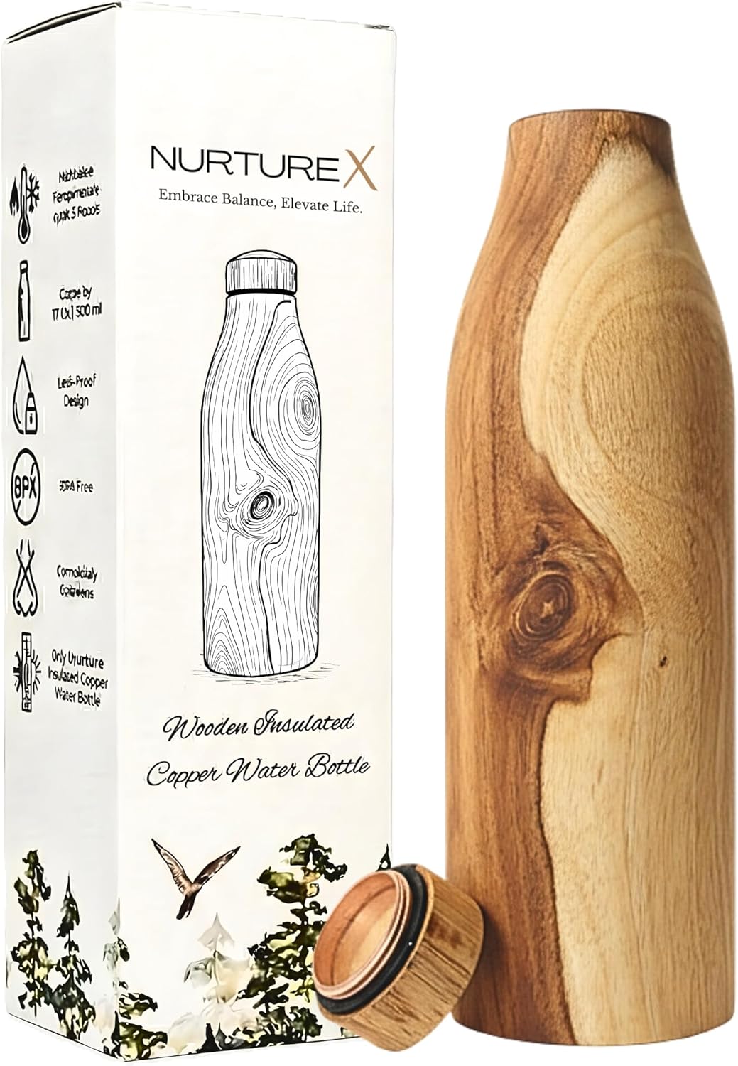 Wooden Insulated Copper Water Bottle for Drinking, 17 Oz / 500 ml Handcrafted Teak Wood, Leak-Proof, Design for Yoga, Gym, Sports, Office & Travel for Men & Women