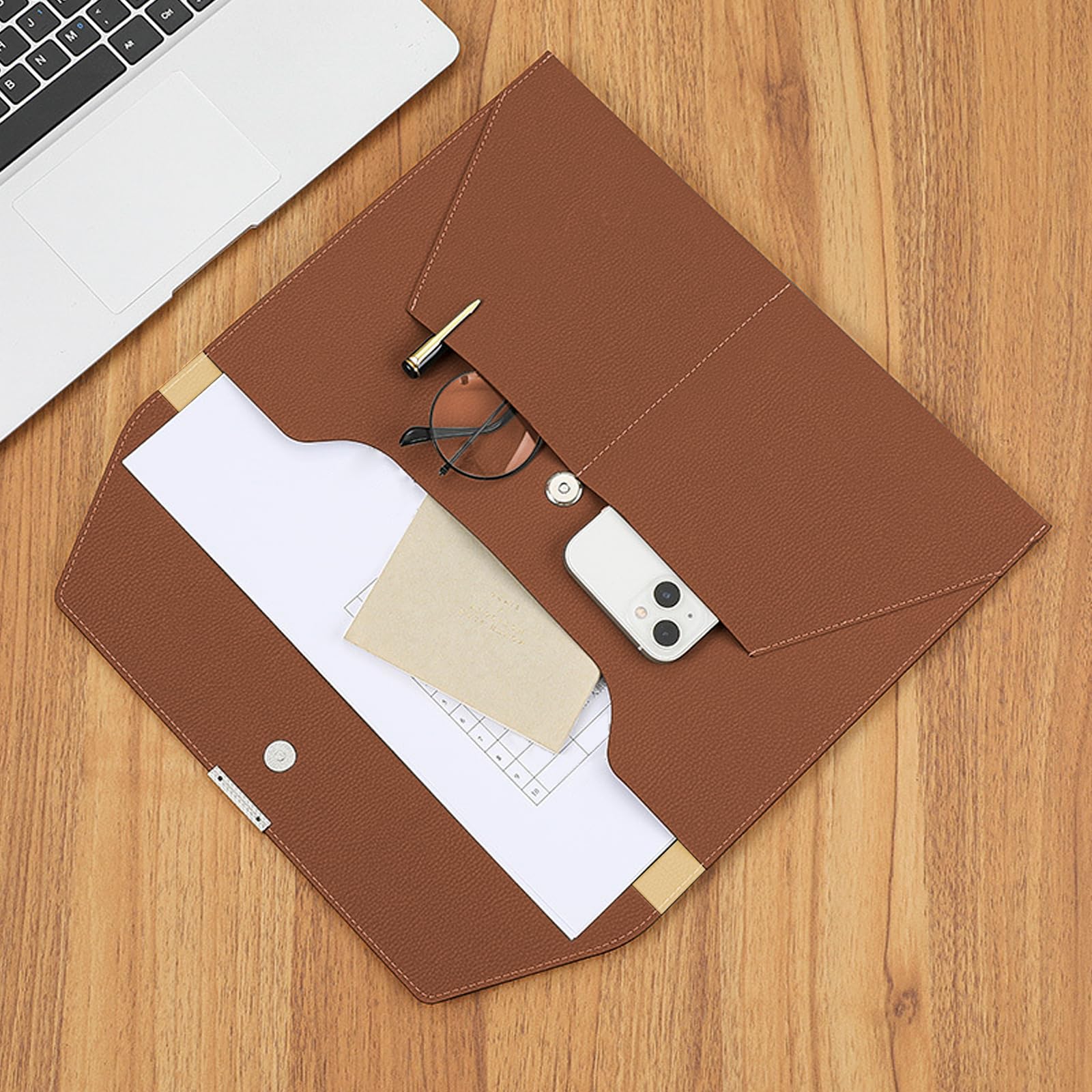 VANRA File Folder Document Holder Organizer Waterproof Portfolio Leather Folder Case with 3 Pockets, Filing Envelopes for A4 Letter Size Paper with Snap Magnetic Button Closure (Brown)
