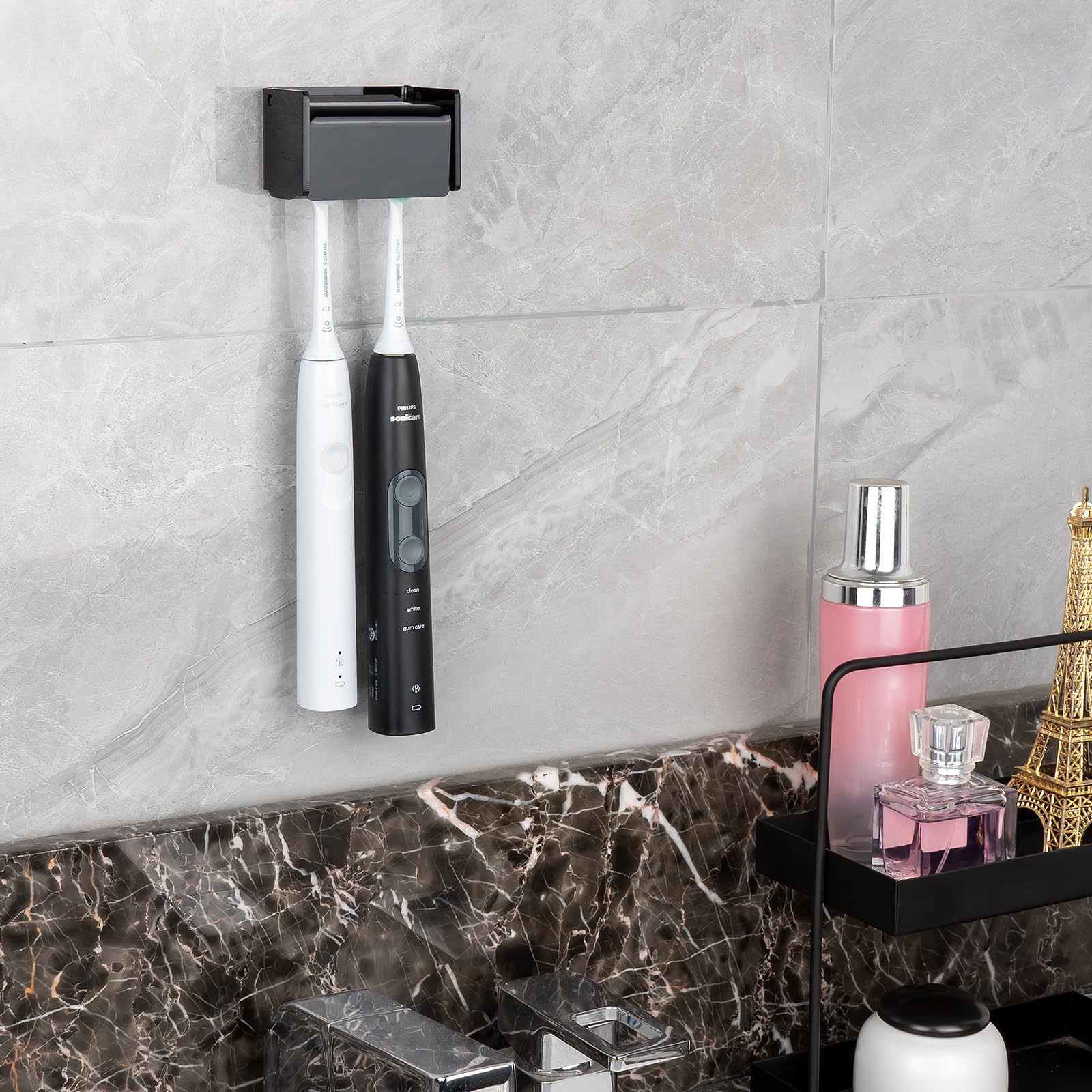 Soporte para cepillo de dientes montado en la pared con cubierta para baño, organizador de almacenamiento de cepillos de dientes con 2 ranuras para ducha, estante autoadhesivo para dormitorio, armario
