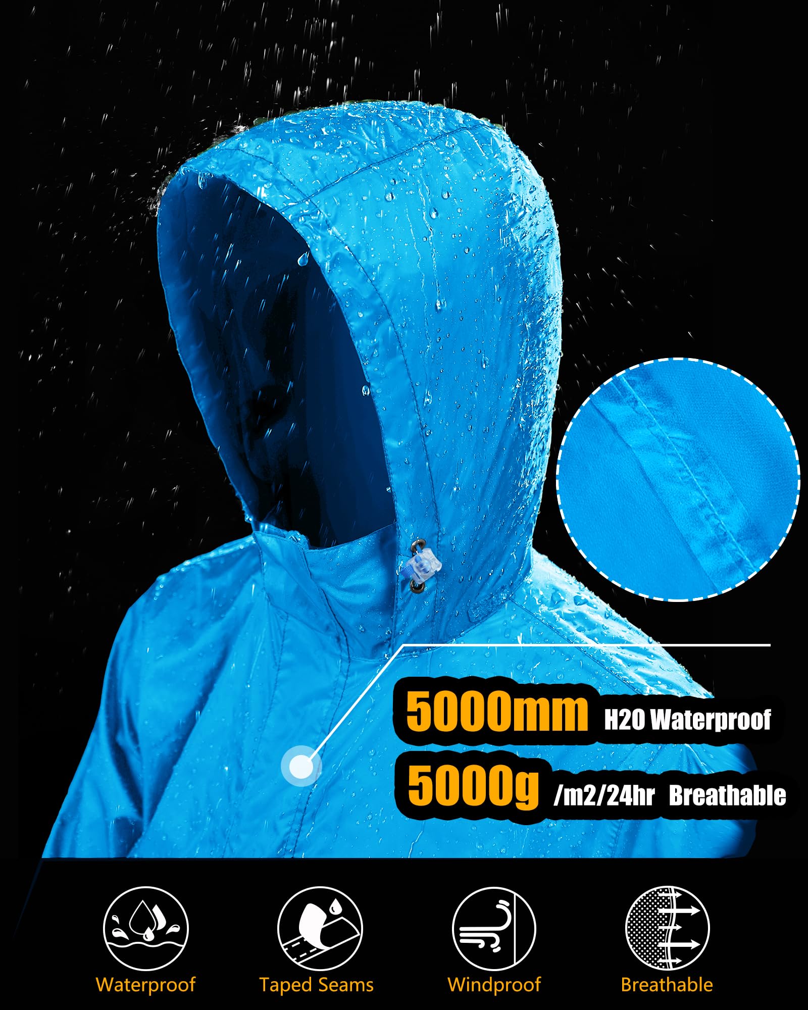 33,000ft Herren Regenjacke Leichter Wasserdichter Packbarer Pullover mit Kapuze und Reflektor für Fahrrad Wandern Outdoor