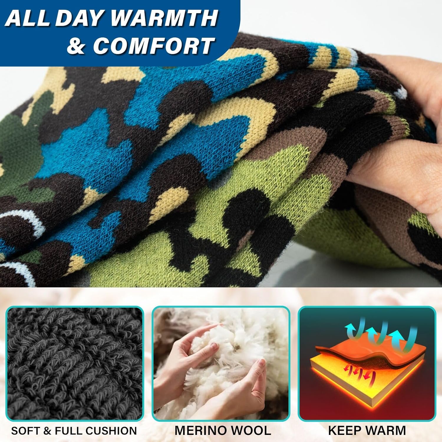 Merino Wool Ski Socks 2 Pairs, Thermal Knee High Warm Socks for Snowboarding, Hiking, Cold Weather, Snow, Hunting - Image 3