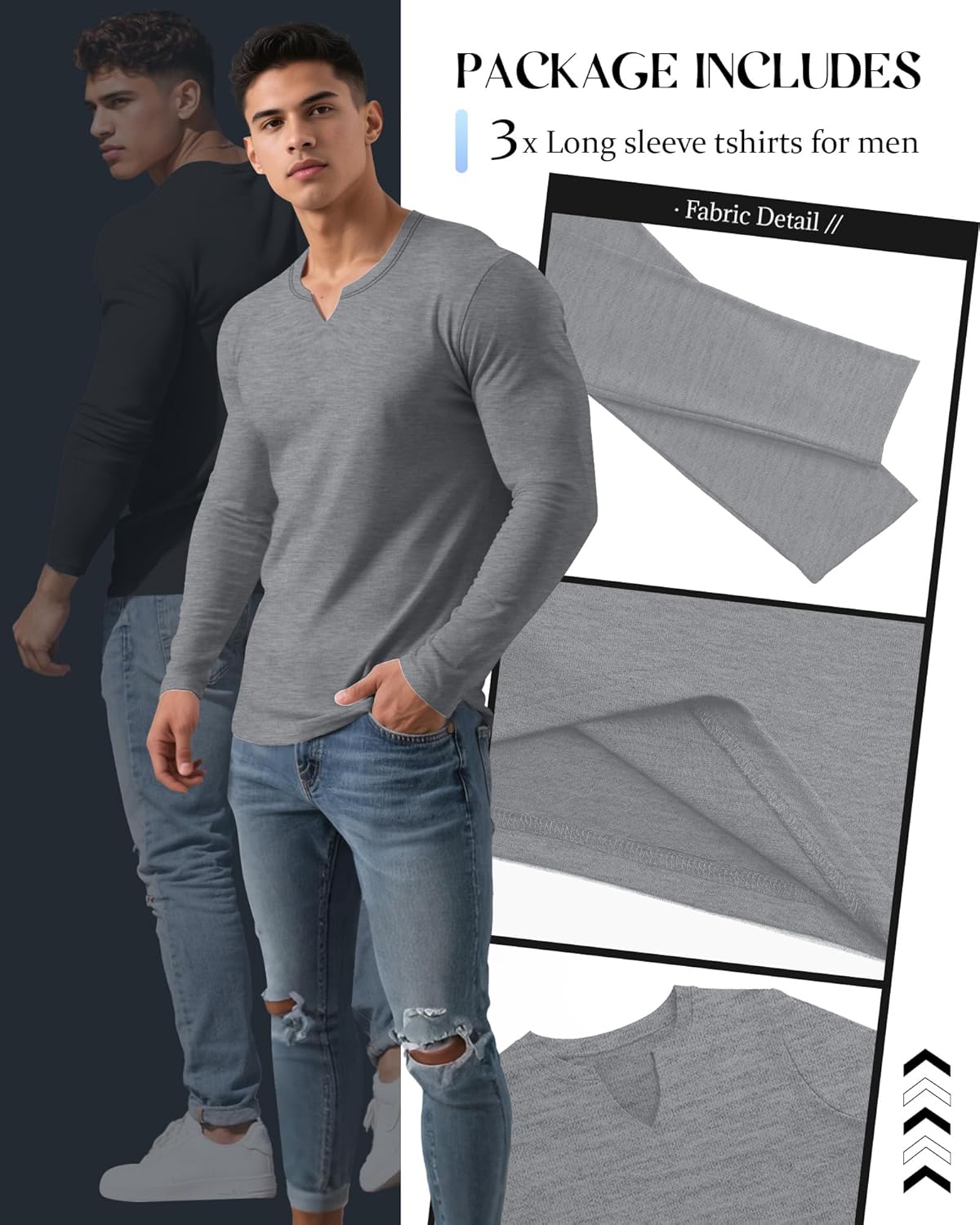 Riyiper 3 Pack Men's Long Sleeve T Shirts, V Neck Longline Henley Cotton Shirts Casual Muscle Tee Stretch Athletic Tops - Image 5