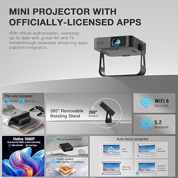 Officially-Licensed APP & Native 1080PAuking Smart Mini Projector with WiFi and Bluetooth, Auto Focus & Keystone Portable Outdoor Movie Wireless TV Projector for Bedroom/Home/Gaming (Black)