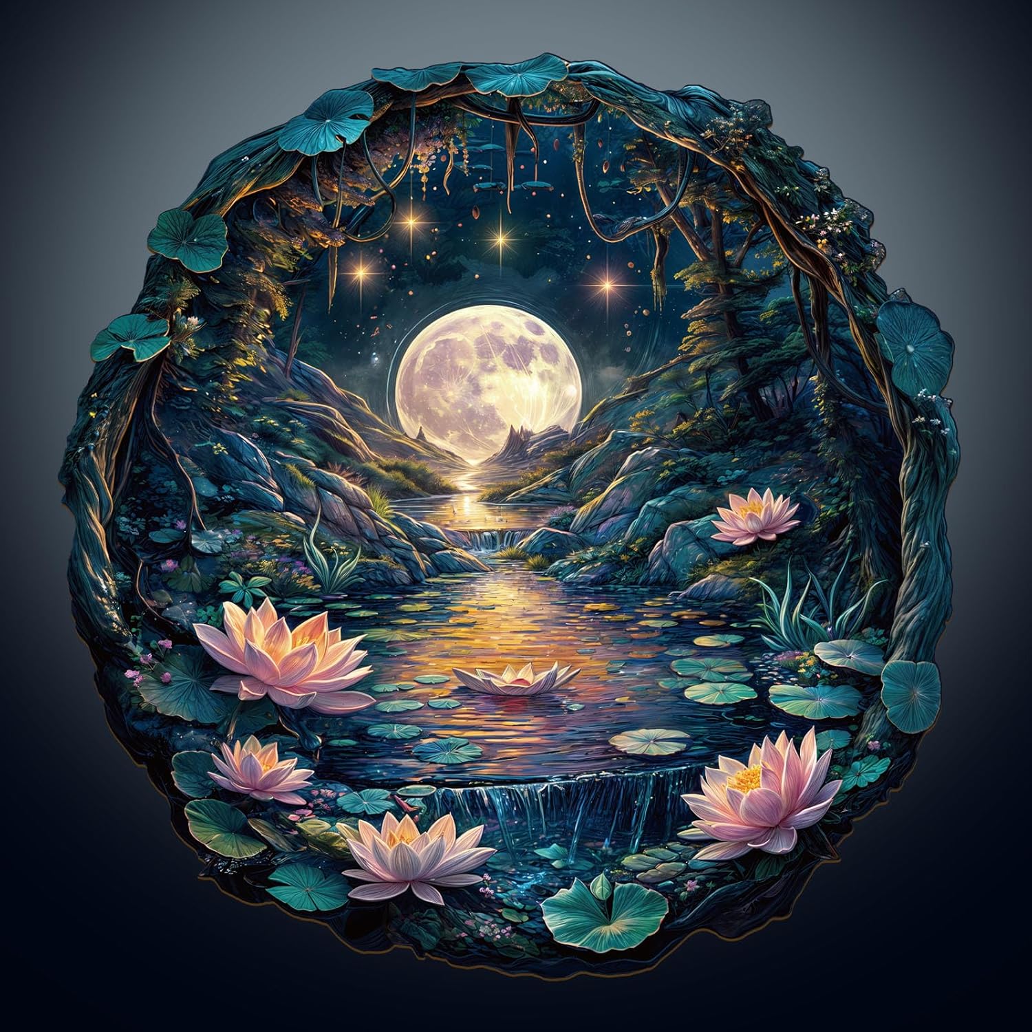 Wooden Puzzles for Adults, 300 Pieces Cave Moon Lily Flat